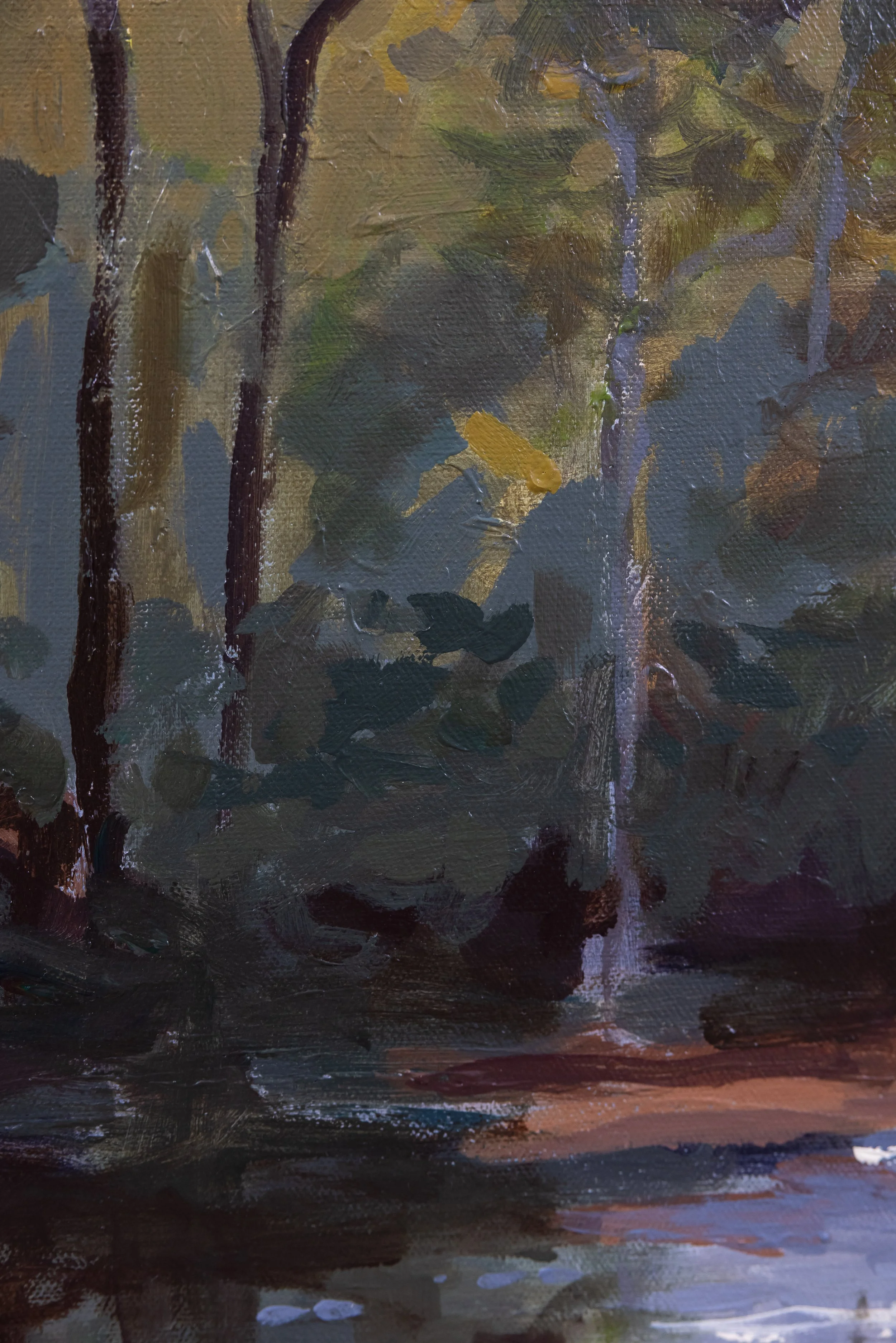 Detail of Light Upon the Water by Cheyenne Trunnell, featuring layered woodland shadows, slender tree trunks, and warm touches of gold.