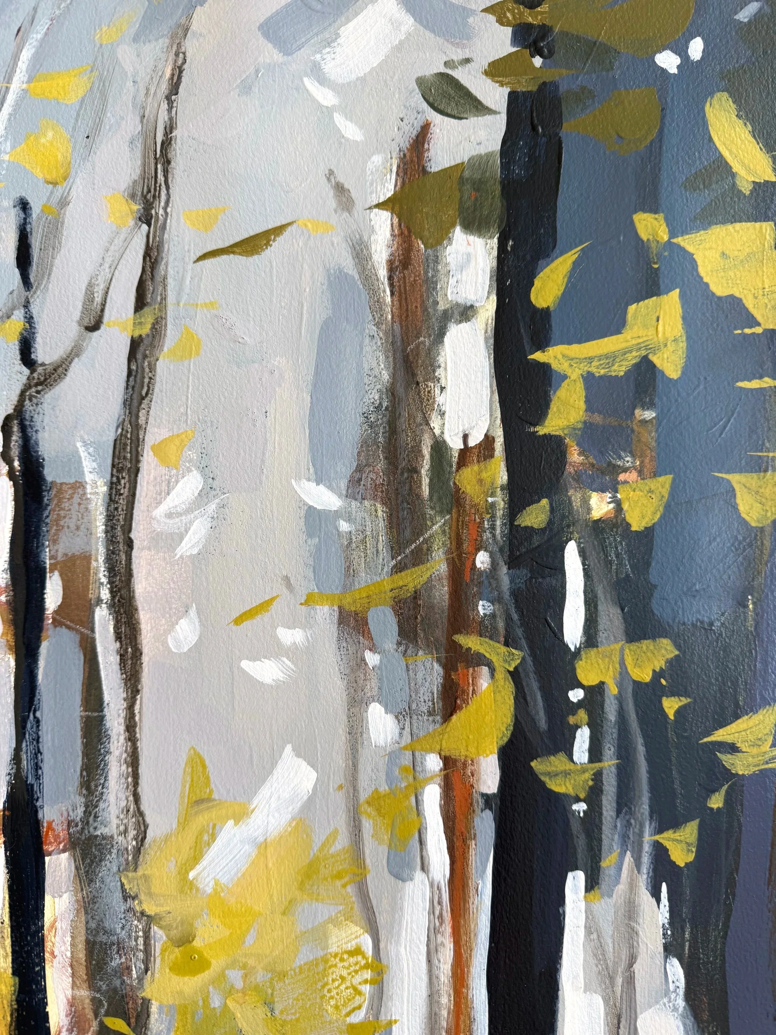 Close-up of soft gray, white, and golden foliage strokes from Cheyenne Trunnell’s acrylic woodland study.