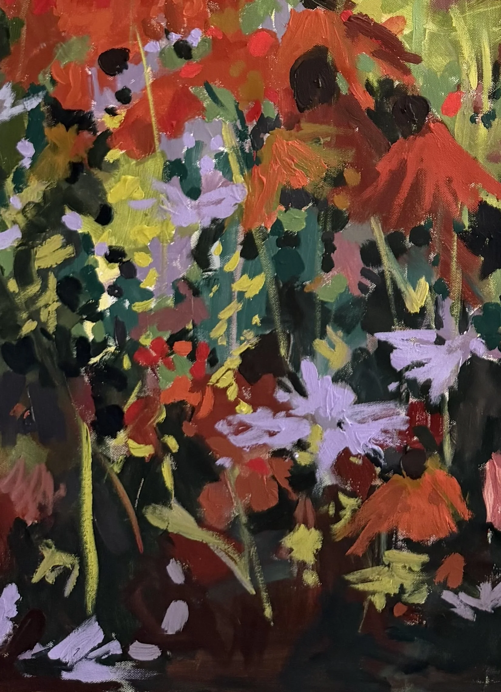 Close-up detail of red-orange flowers, lavender blooms, and dark green foliage in an original garden painting by Cheyenne Trunnell.