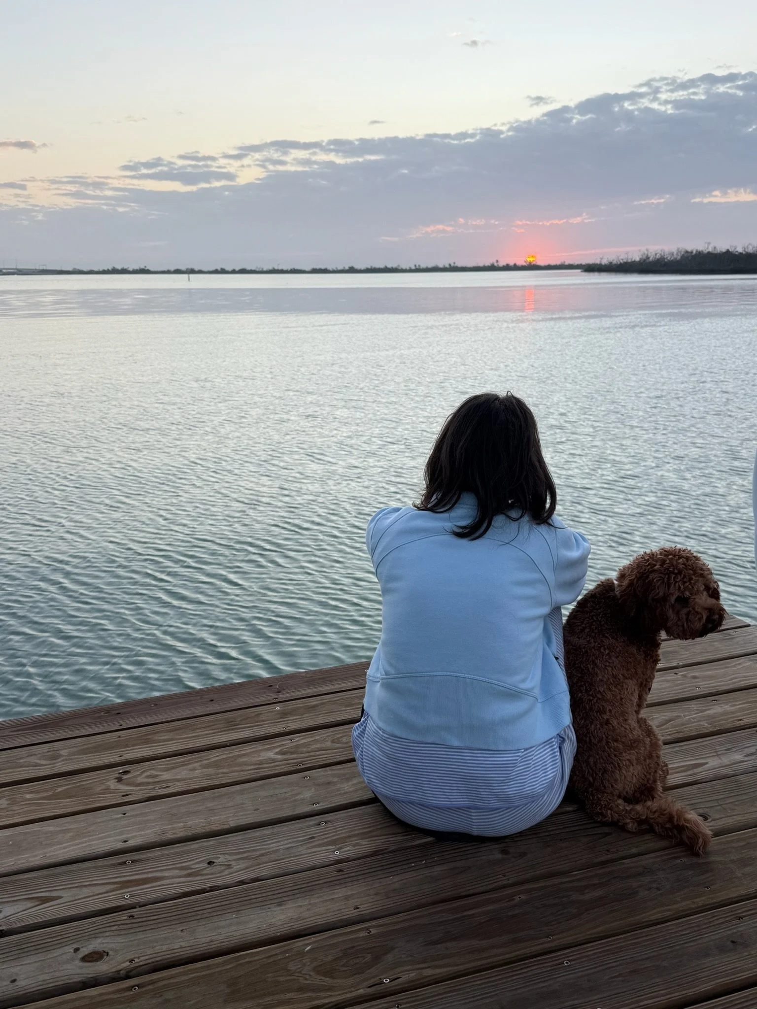 Person sitting on a wooden dock beside a small dog, looking out over calm water at sunset with soft light on the horizon.