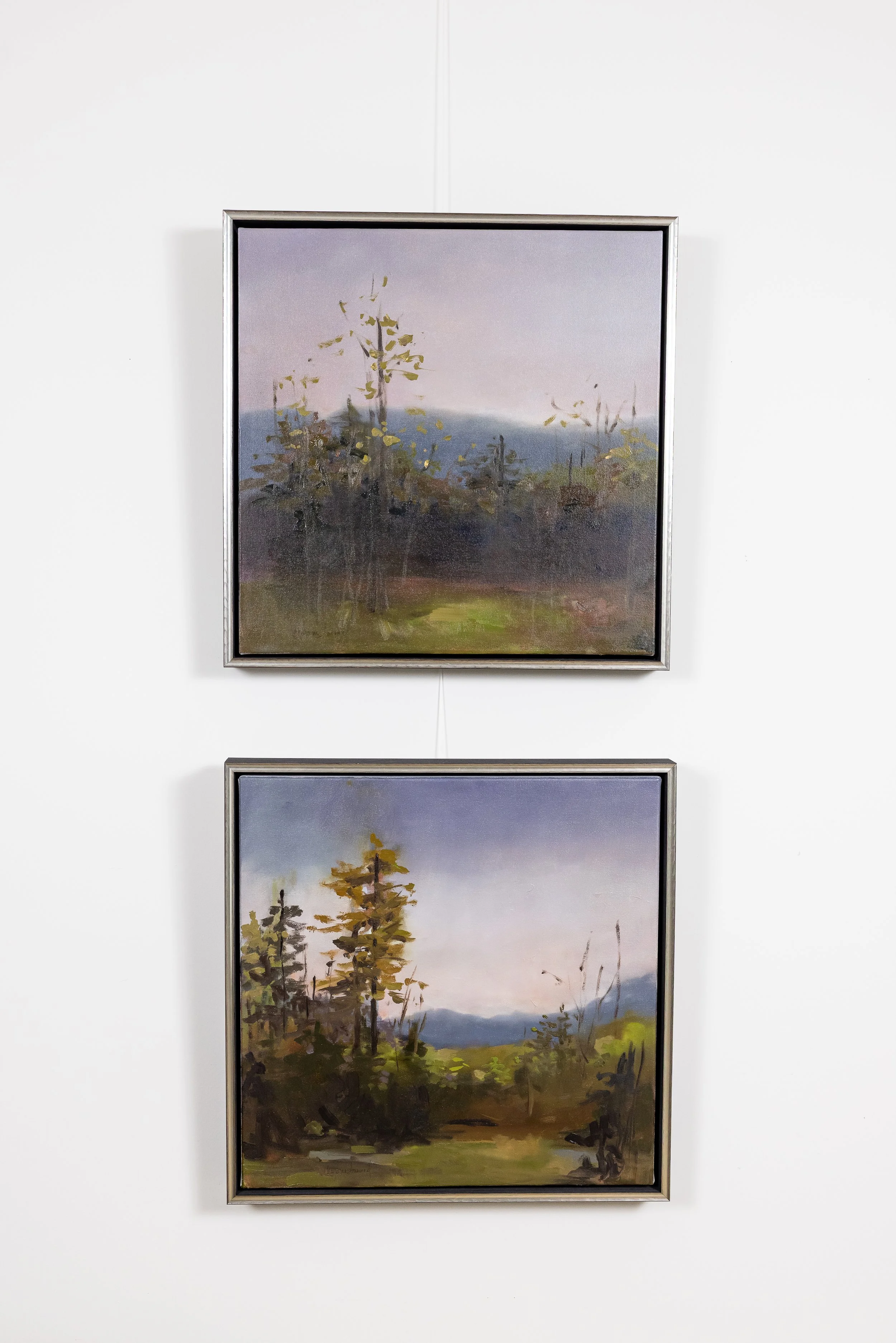 Two framed oil landscape paintings by Asheville artist Cheyenne Trunnell showing soft morning light over a Western North Carolina valley.