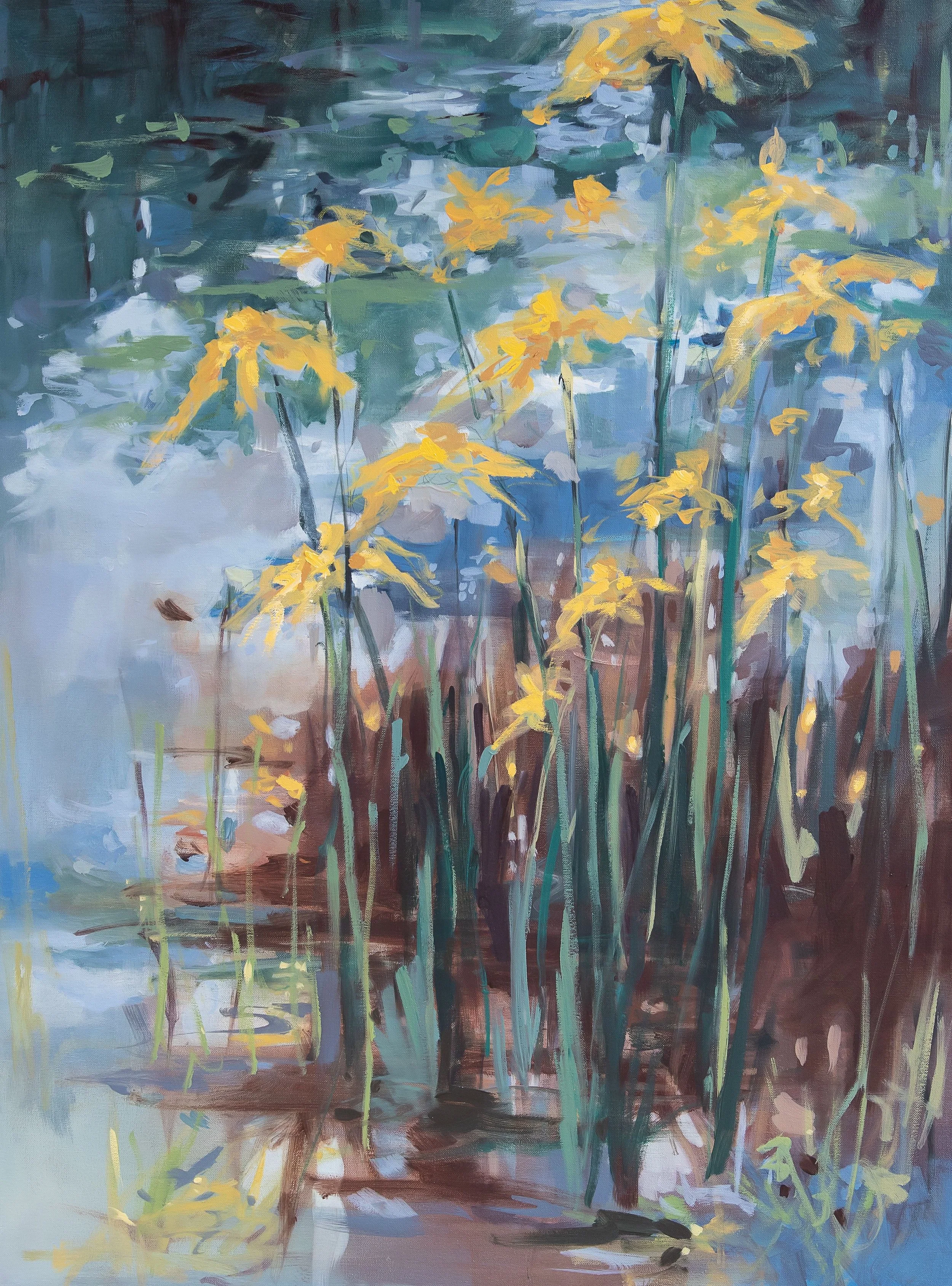 Giclée print by Asheville artist Cheyenne Trunnell depicting yellow iris blooming near the water’s edge in soft natural light, unframed, 32x40 inches.