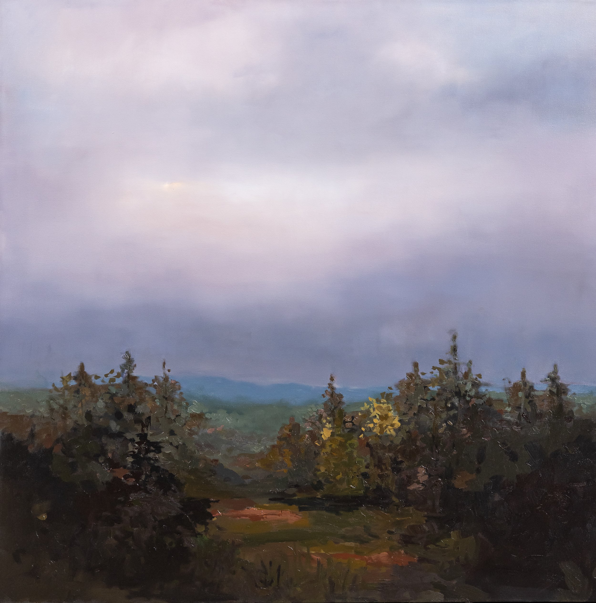 Original oil landscape painting by Asheville artist Cheyenne Trunnell depicting a misty mountain landscape with layered trees and soft evening light, unframed, 37x45 inches.