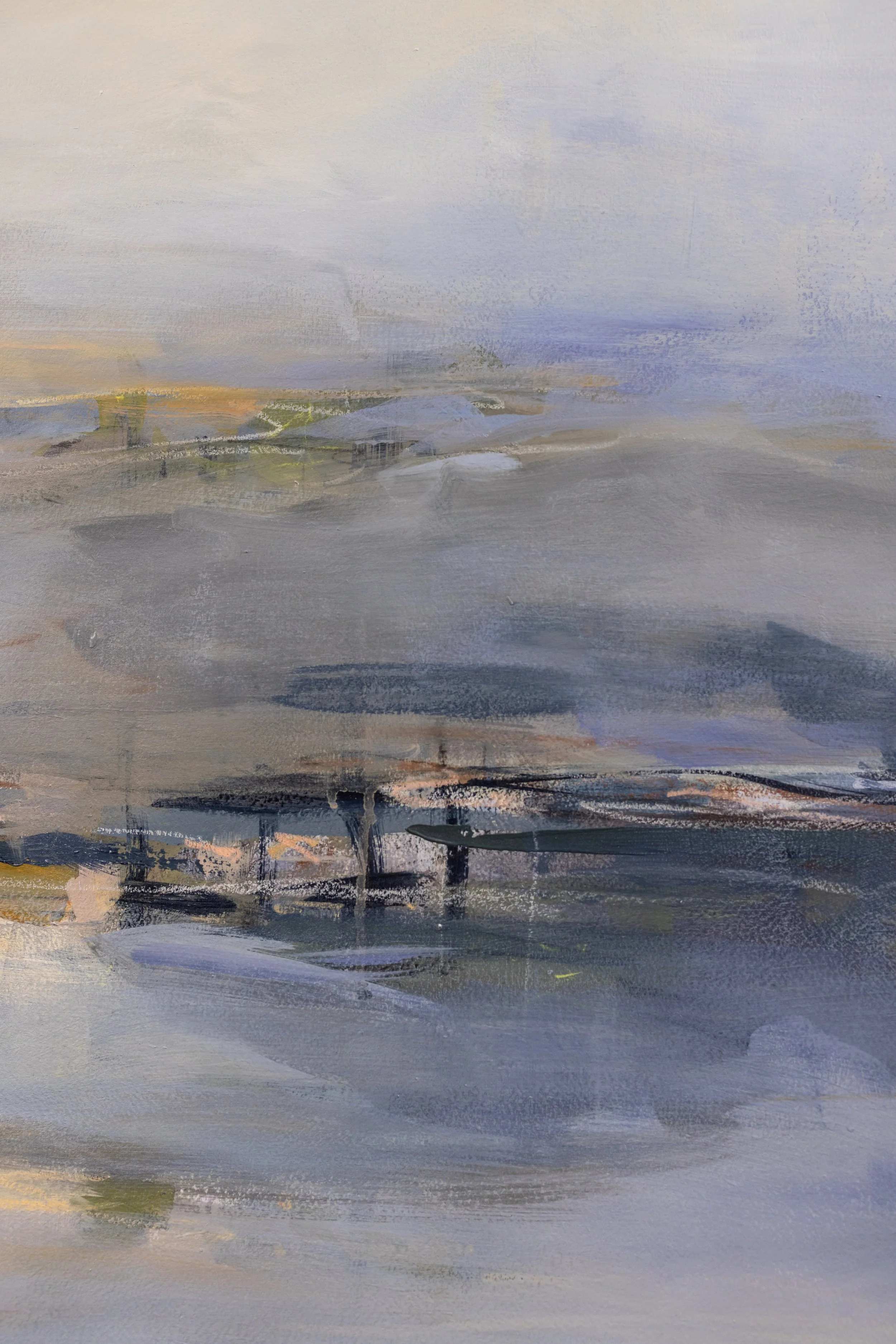 Original mixed media landscape painting by Asheville artist Cheyenne Trunnell depicting up close details of an early morning sunrise over the ocean, unframed, 37.5x45 inches.