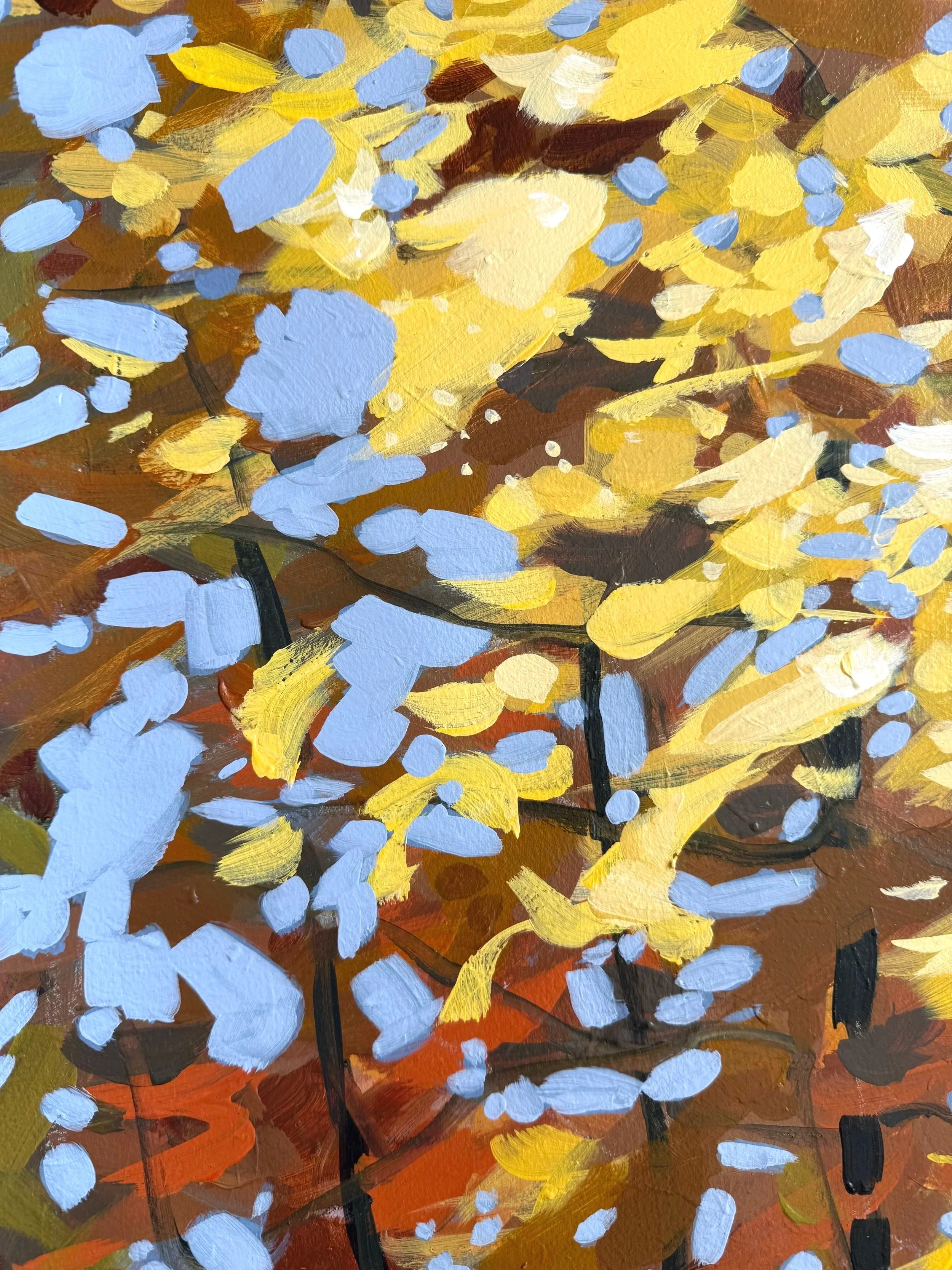 Close-up of golden leaves and blue highlights from Cheyenne Trunnell’s acrylic fall study.