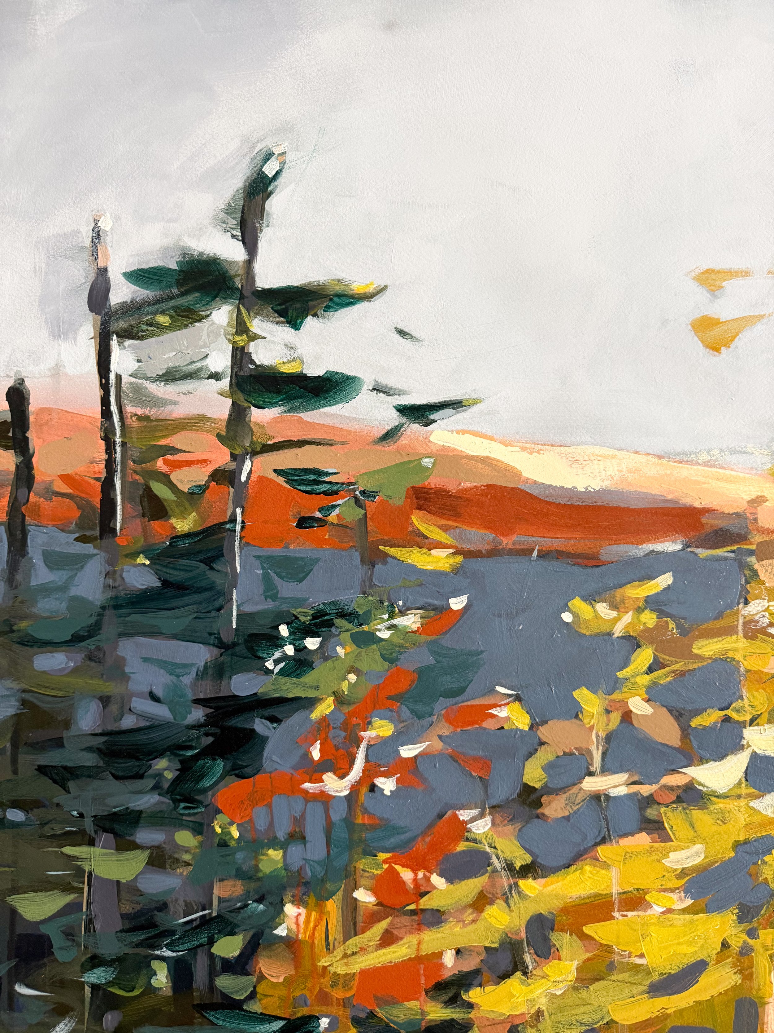 Original oil landscape painting by Asheville artist Cheyenne Trunnell showing up close details of fall trees glowing in the soft mountain morning light, unframed, 37x45 inches.