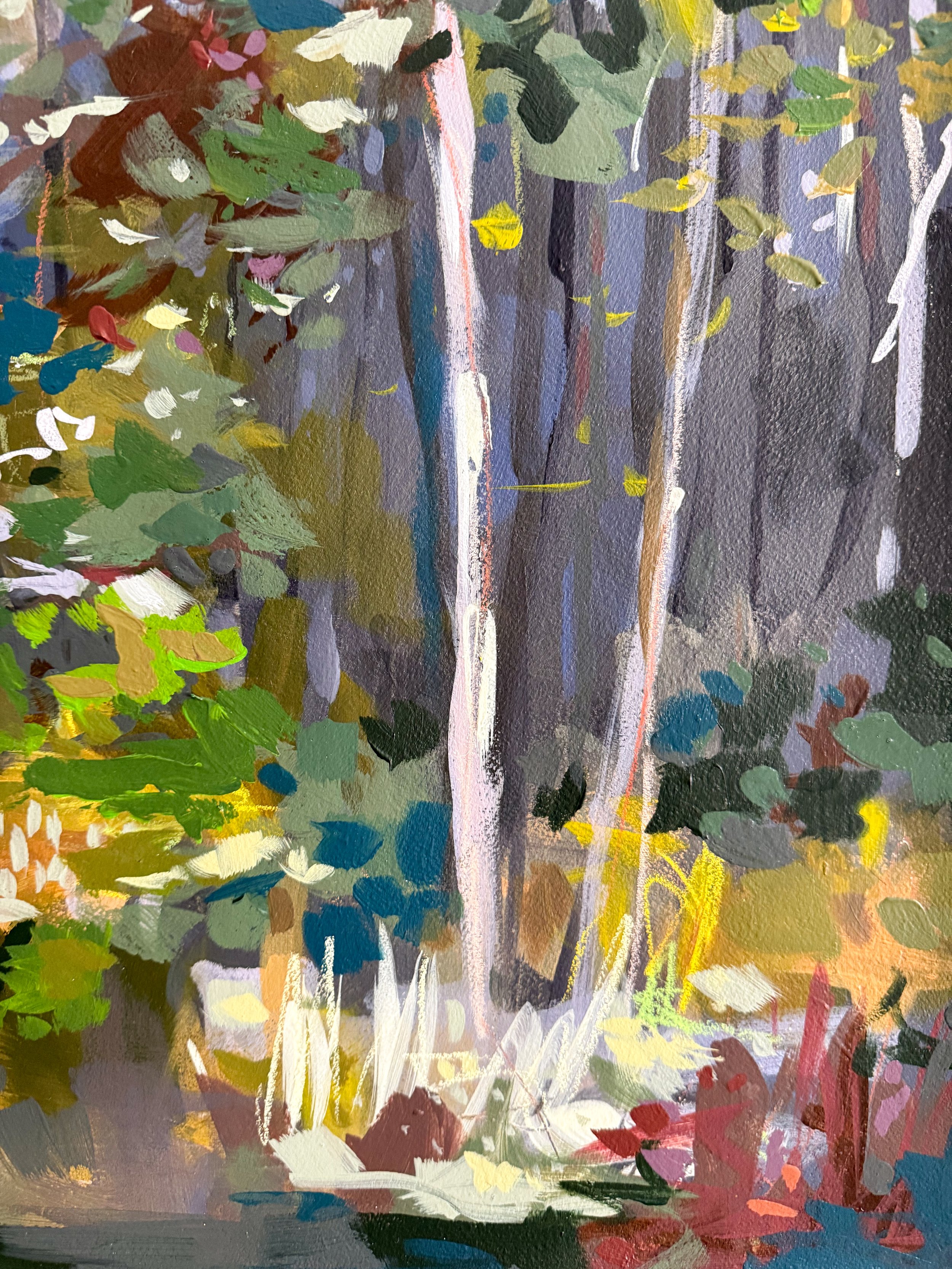 Original mixed media landscape painting by Asheville artist Cheyenne Trunnell depicting up close details of an early fall meadow in soft, golden light, unframed, 31x45 inches.