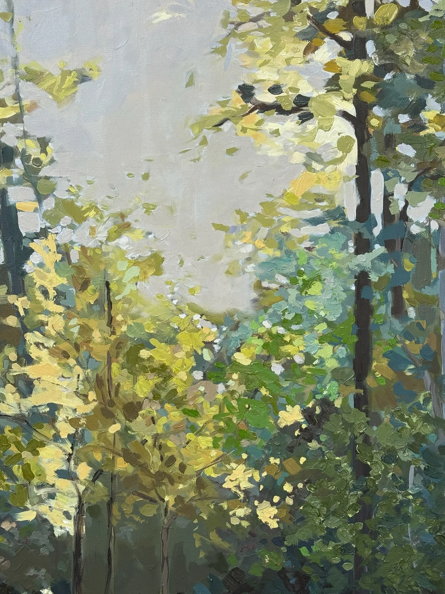 Original oil landscape painting by Asheville artist Cheyenne Trunnell depicting up close details of layered summer greens inspired by post-Helene renewal, framed, 40x50 inches.