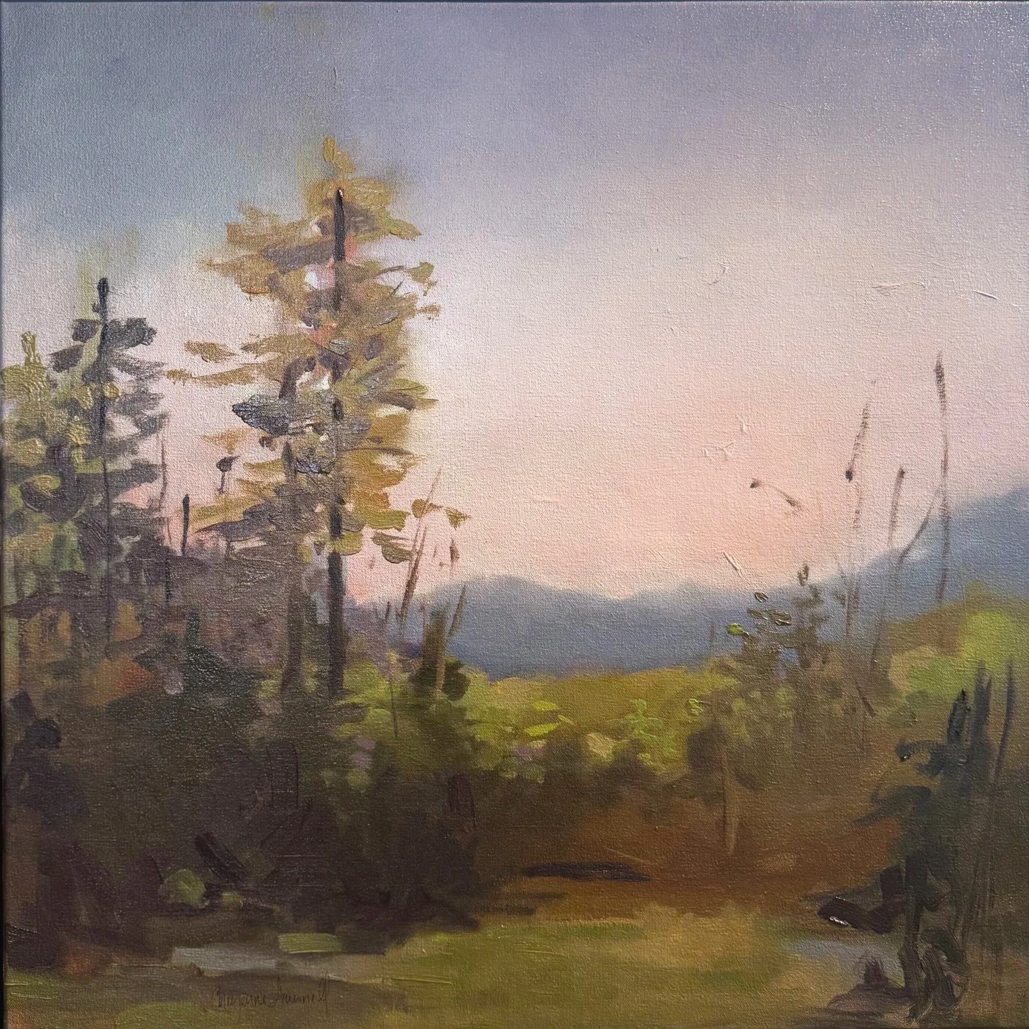 Original oil landscape painting by Asheville artist Cheyenne Trunnell showing warm light spreading across soft hills and sky, symbolizing presence and quiet reflection, framed, 24x24 inches.