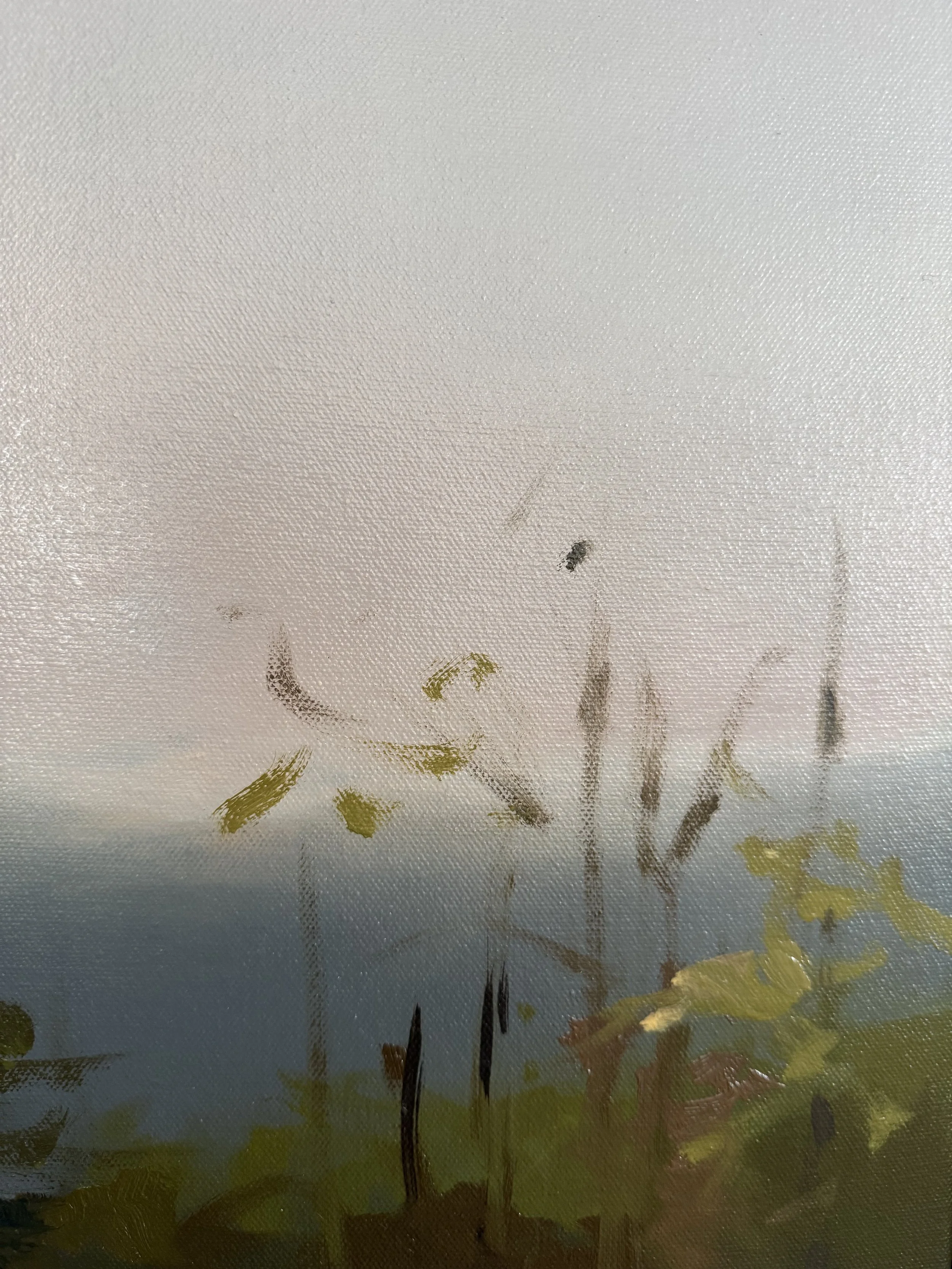 Detail of Revealing Light II by Cheyenne Trunnell, featuring delicate golden leaves, slender branches, and expressive brushwork against a pale sky.
