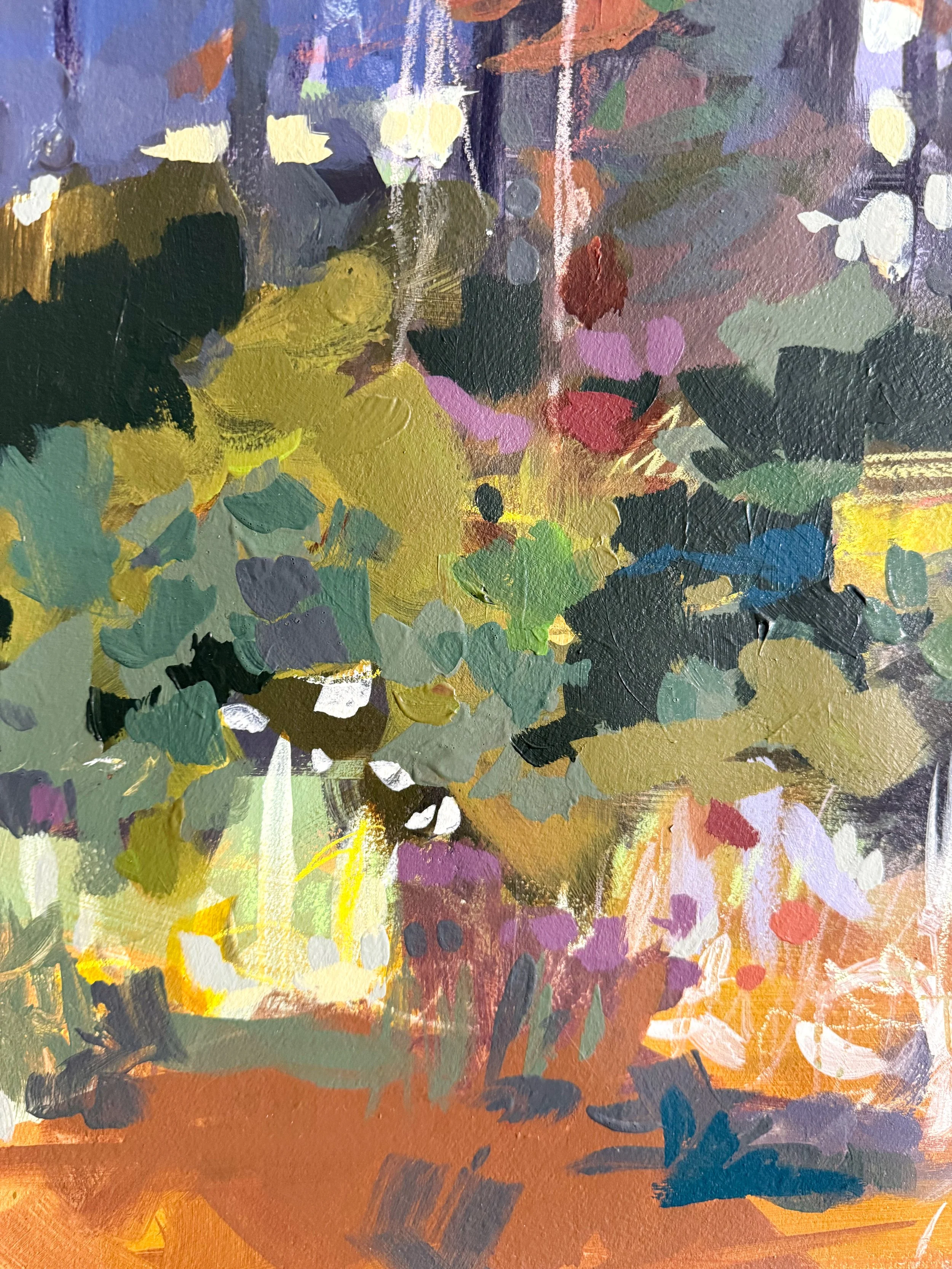 Original mixed media landscape painting by Asheville artist Cheyenne Trunnell depicting up close details of an early fall meadow in soft, golden light, unframed, 31x45 inches.