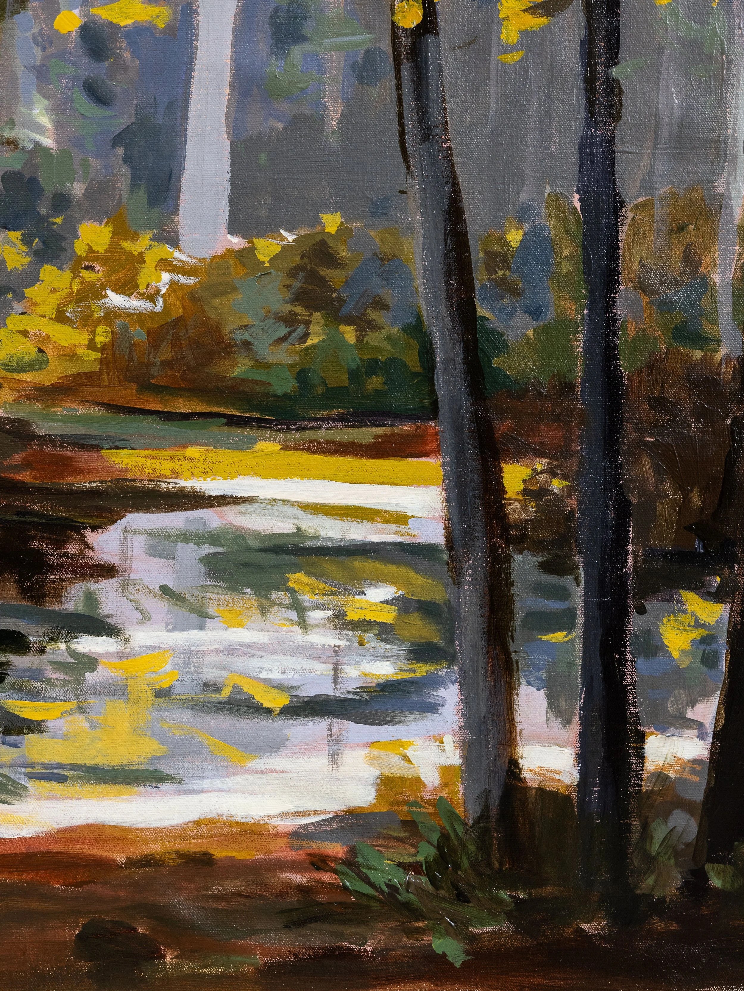 Close-up detail of an oil painting featuring vertical tree trunks reflected in still water, painted with warm earth tones and soft movement.