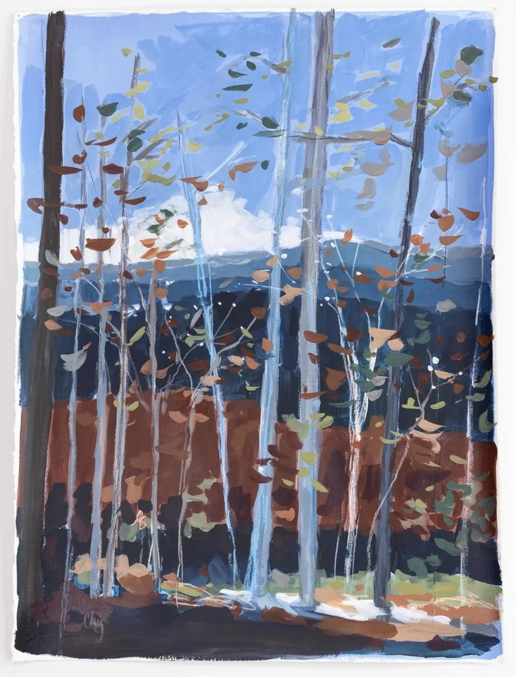 Original mixed media landscape painting by Asheville artist Cheyenne Trunnell depicting the last leaves of summer falling against distant mountains, unframed, 22x30 inches.