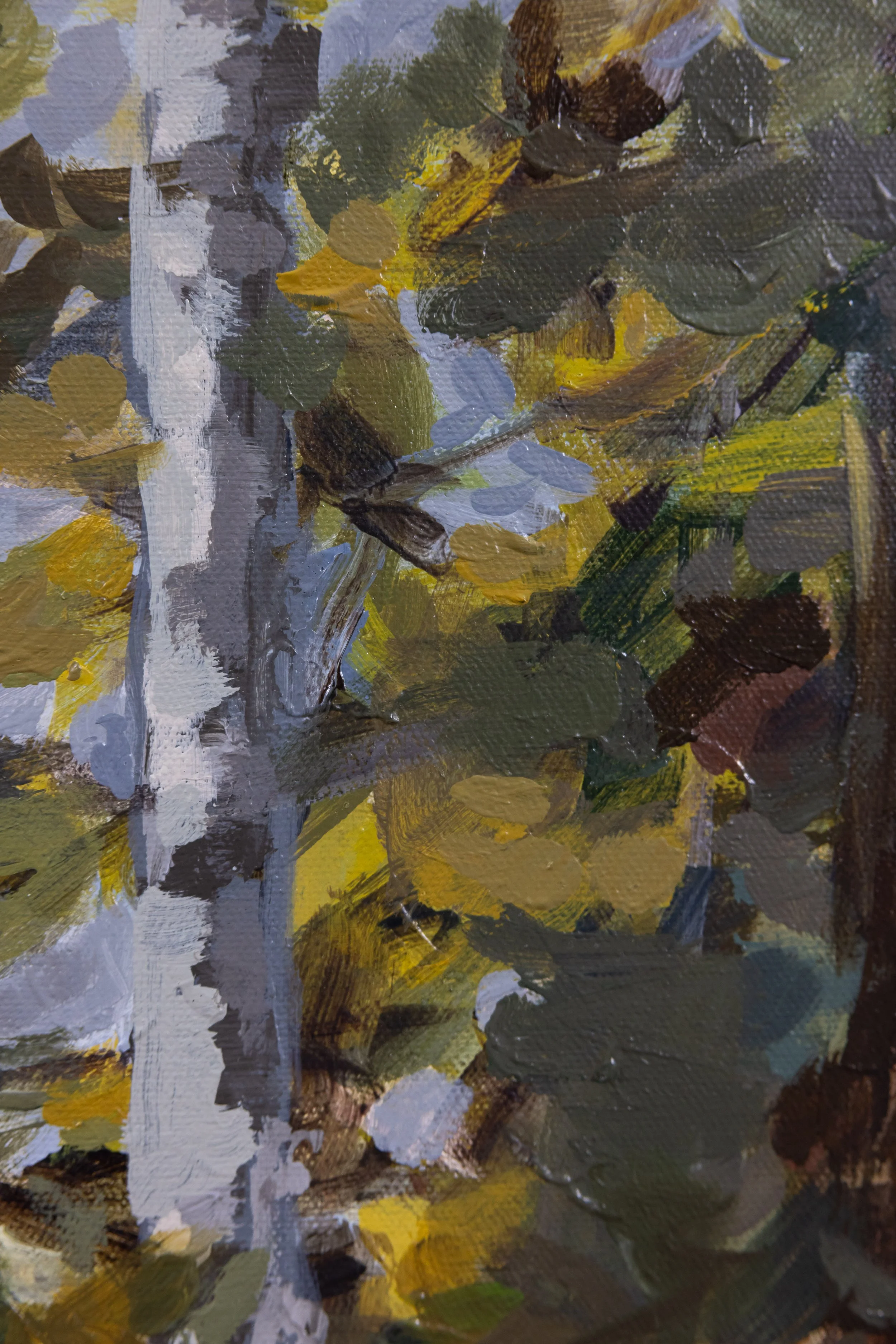 Close-up of Light Upon the Water highlighting golden leaves, soft blue-gray light, and layered green woodland brushstrokes.