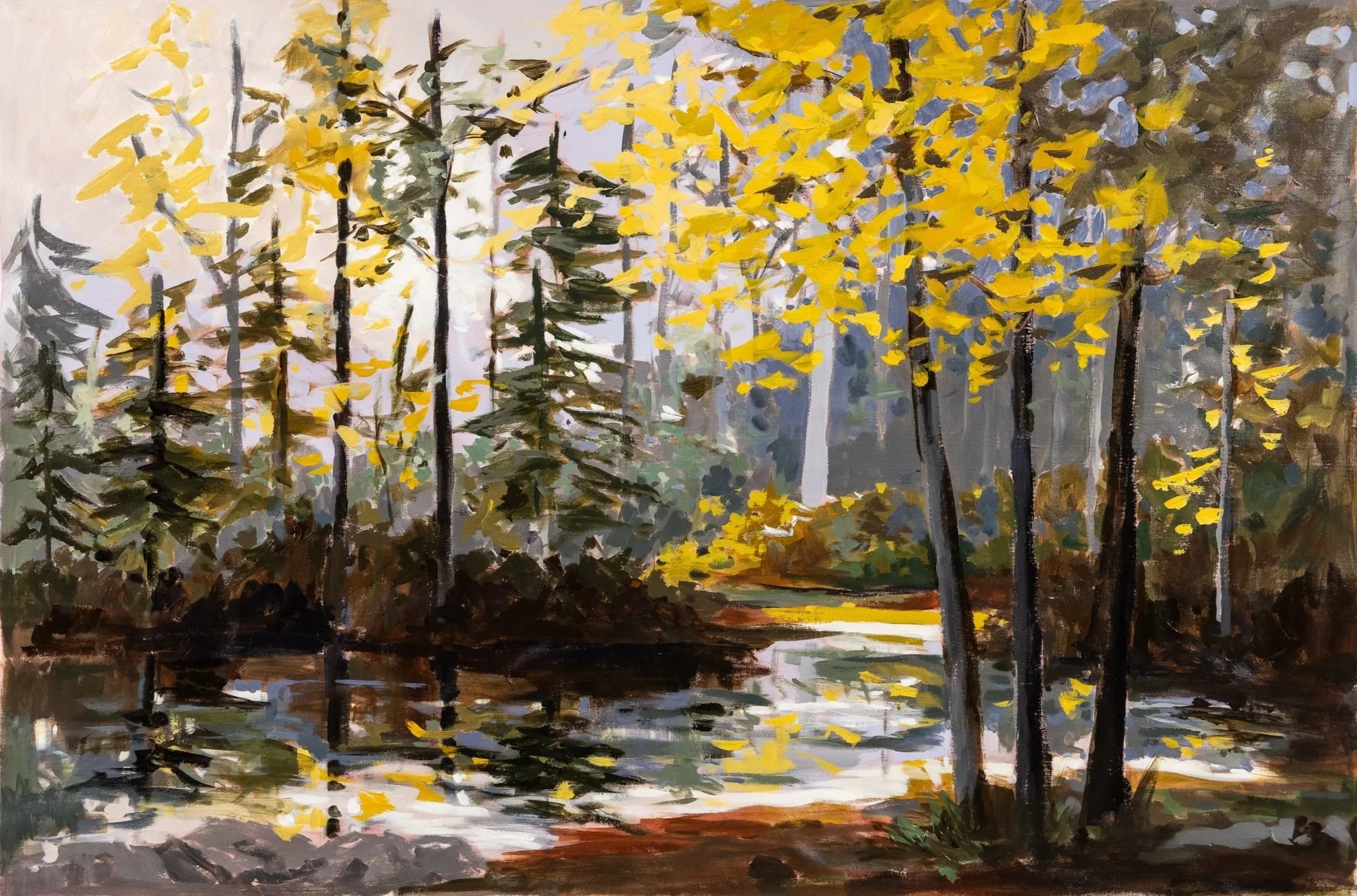 Original oil landscape painting by Asheville artist Cheyenne Trunnell depicting a spring woodland with tall trees, golden leaves, and a reflective stream.