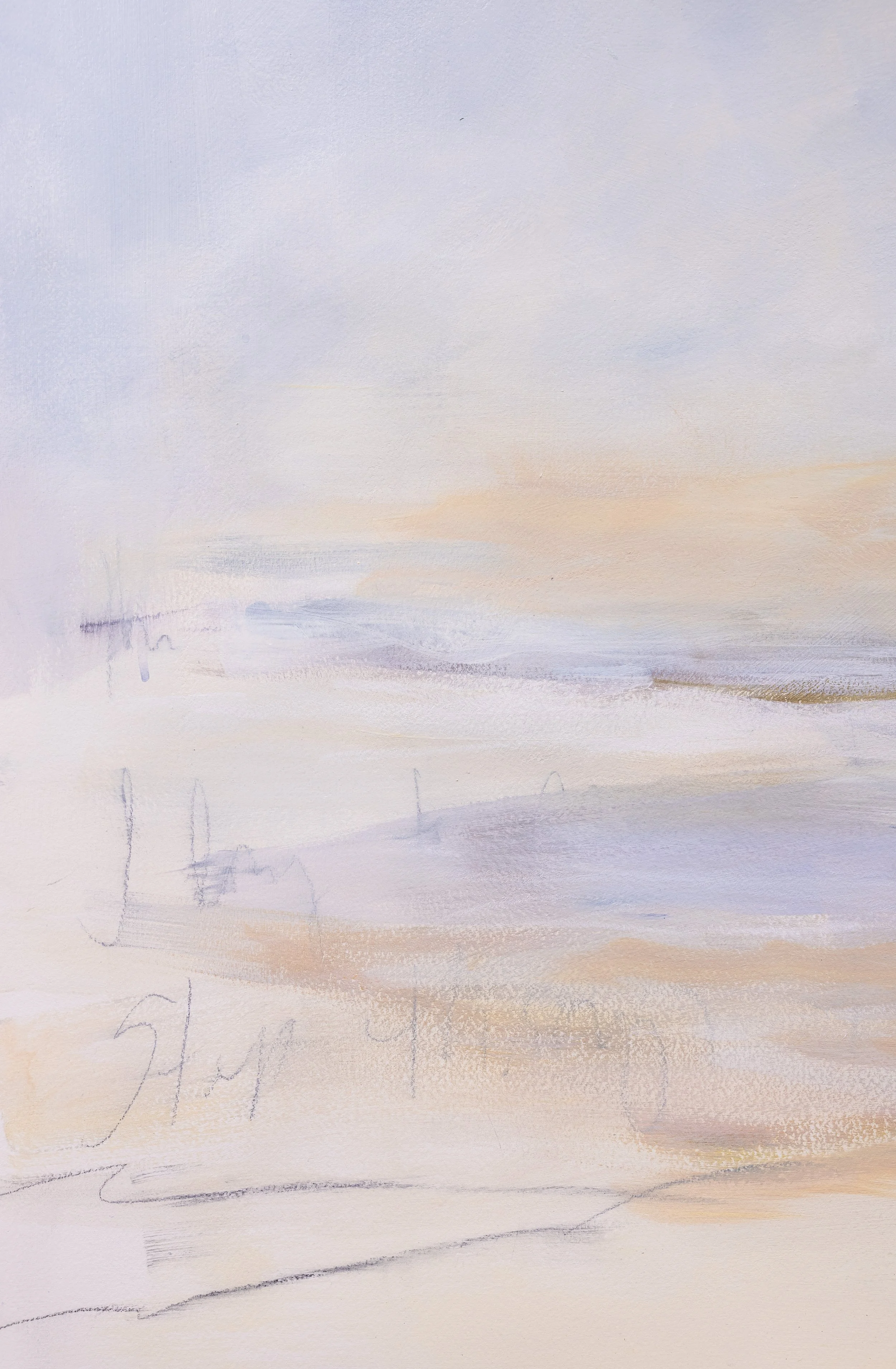 Original mixed media landscape painting by Asheville artist Cheyenne Trunnell depicting up close details of a sunrise over the ocean in soft morning light, unframed, 37.5x45 inches.