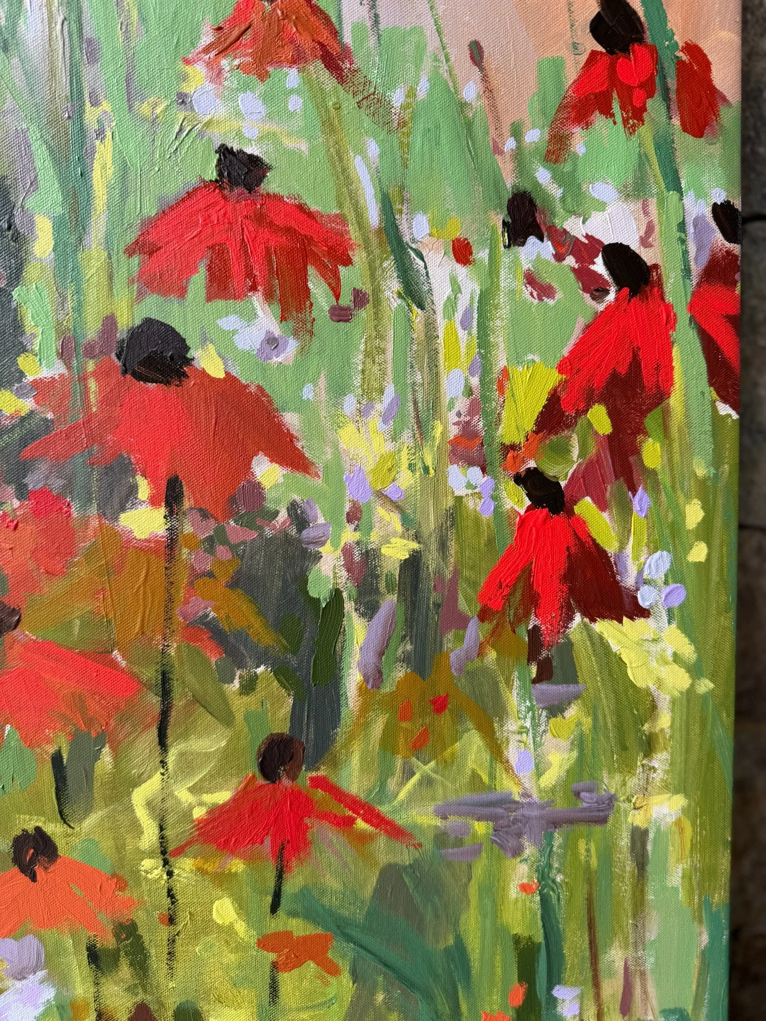 Detail of original mixed media floral painting by Cheyenne Trunnell, showing red-orange blooms, tall green stems, soft lavender flowers, and layered garden texture.