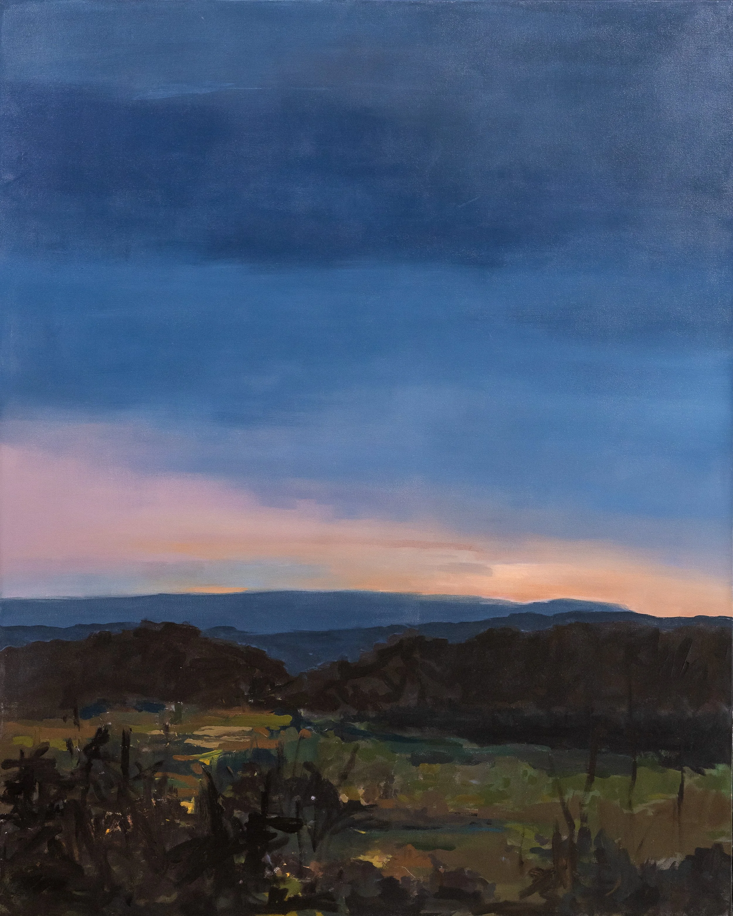 Original acrylic landscape painting by Asheville artist Cheyenne Trunnell depicting soft, glowing morning light stretching across a quiet Western North Carolina valley, framed, 40x50 inches.