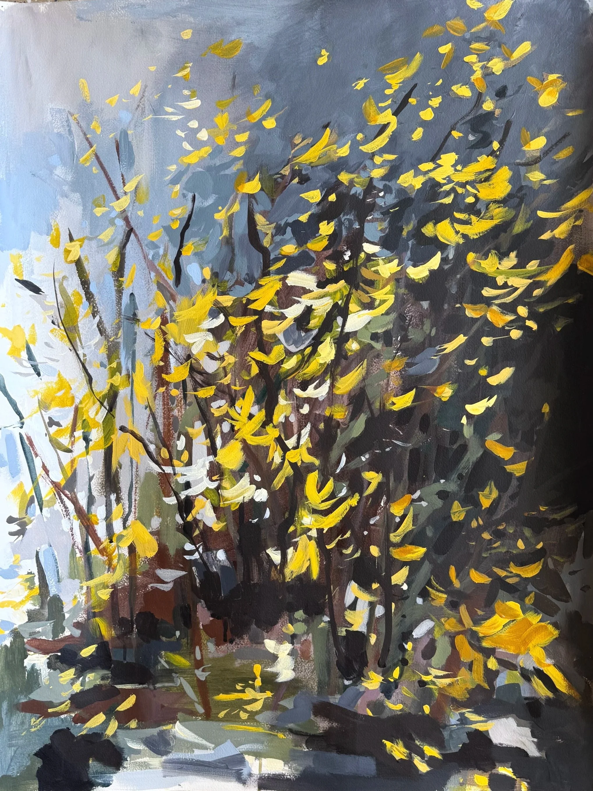 Original acrylic painting by Asheville artist Cheyenne Trunnell showing bright yellow forsythia blossoms against soft gray and blue tones, expressive brushwork on Arches paper, framed, 22×30 inches.