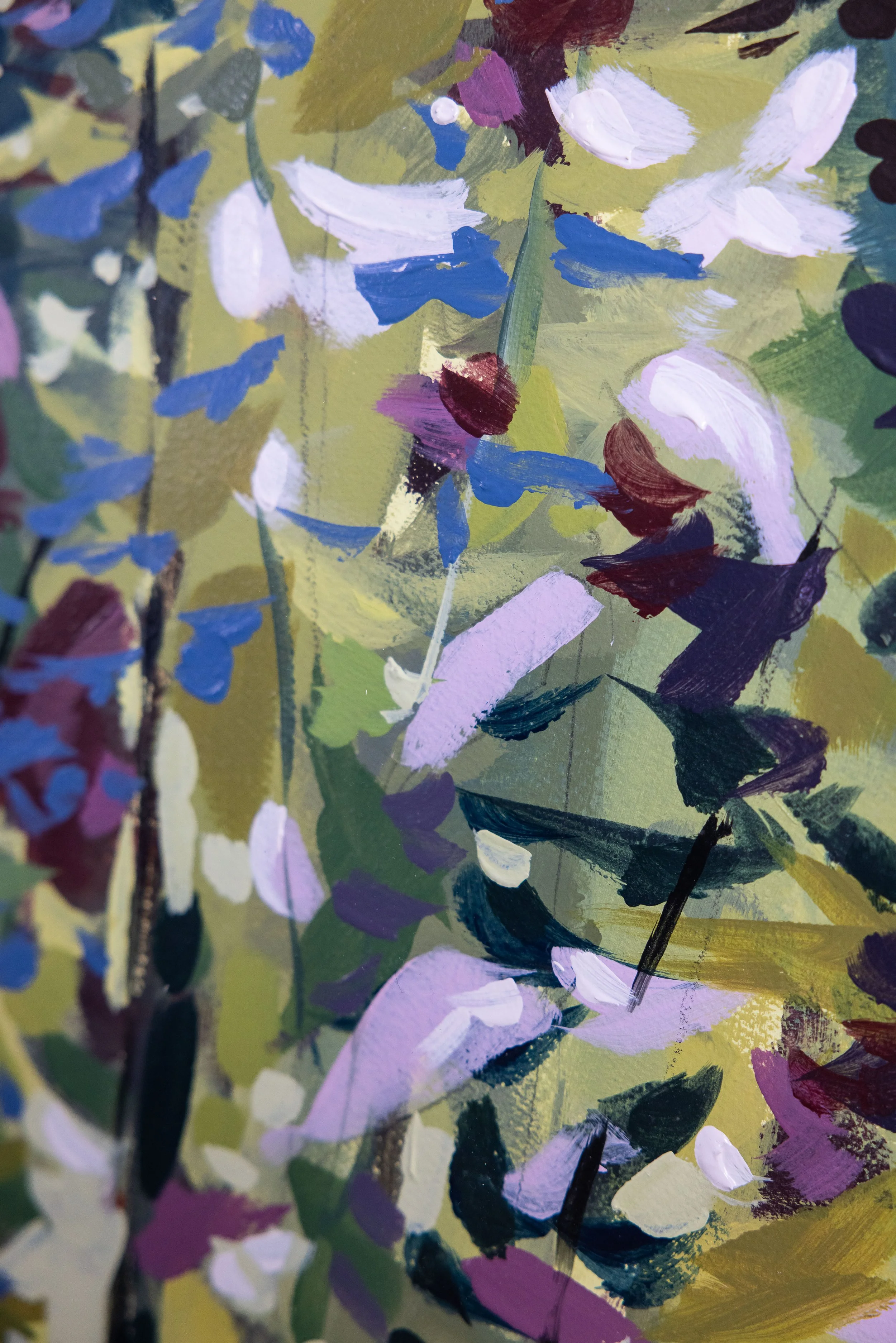 Close-up of expressive brushwork in an abstract floral painting by Asheville artist Cheyenne Trunnell