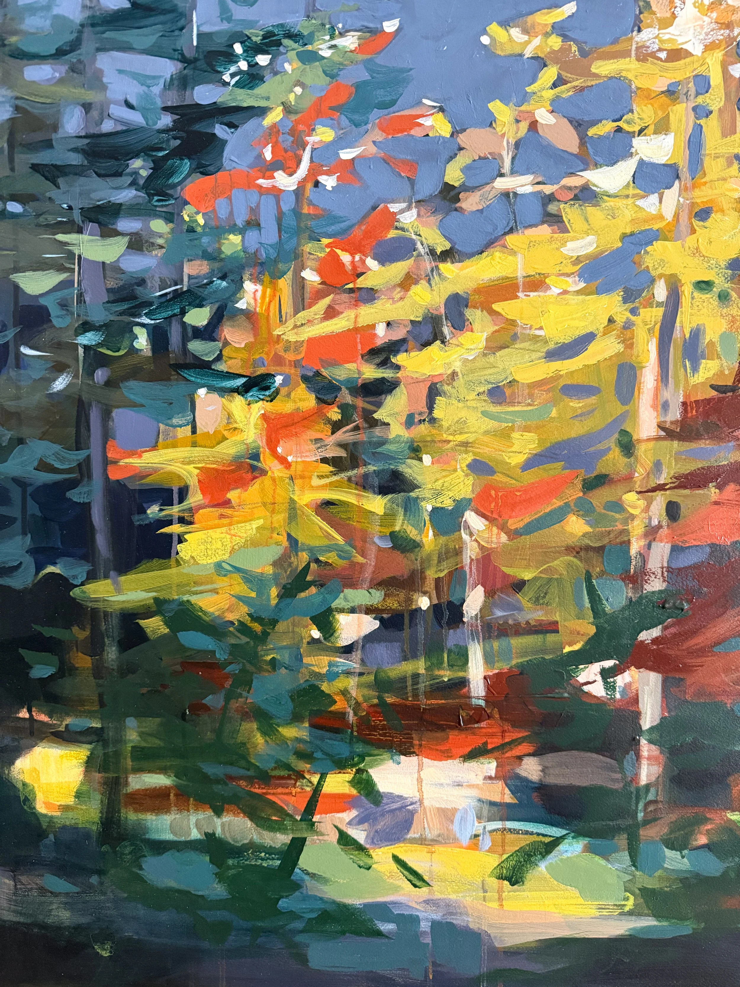 Original oil landscape painting by Asheville artist Cheyenne Trunnell showing up close details of fall trees glowing in the soft mountain morning light, unframed, 37x45 inches.