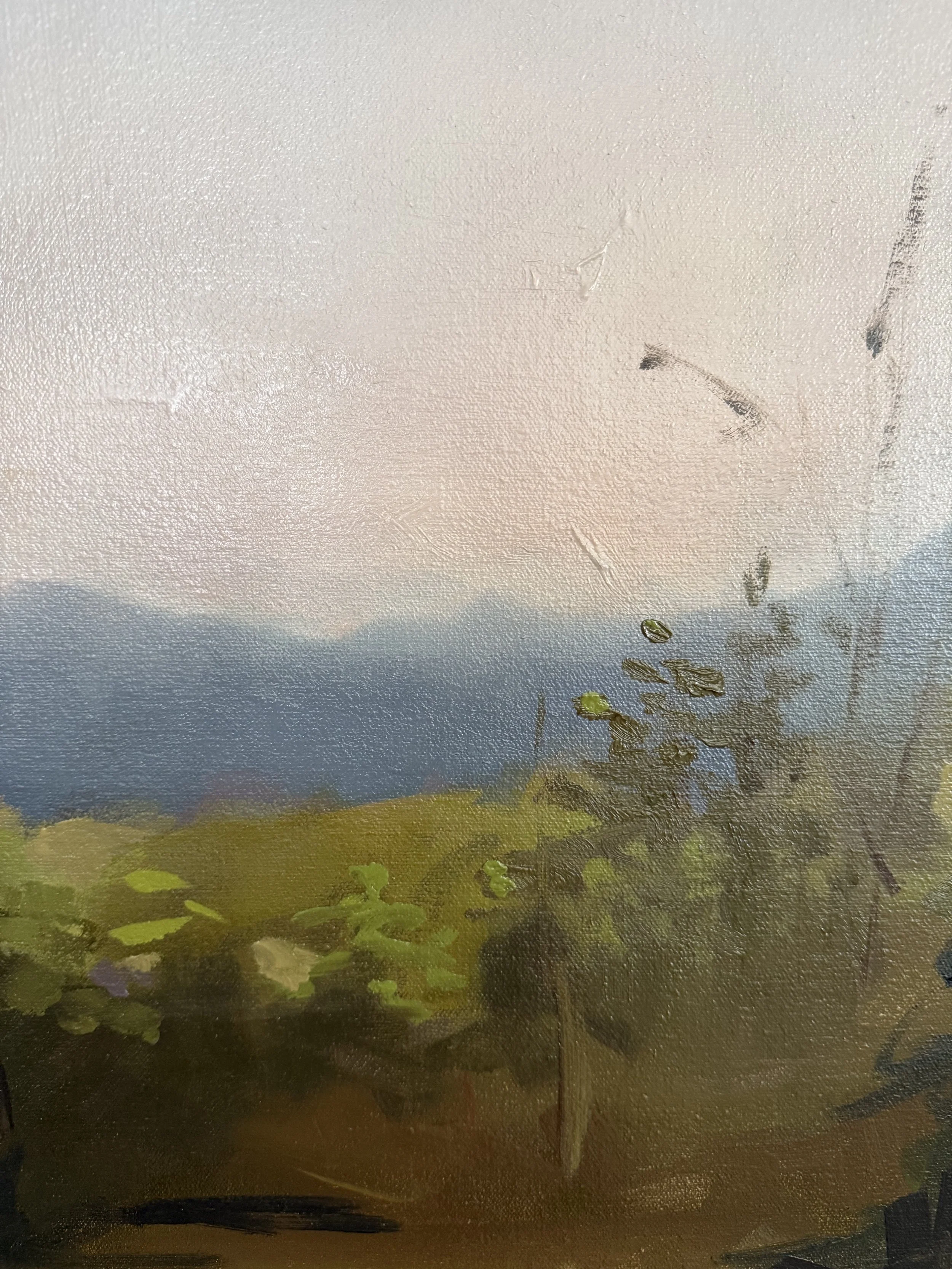 Close-up of Revealing Light II showing soft lavender skies, distant blue mountain ridges, and warm green foliage.