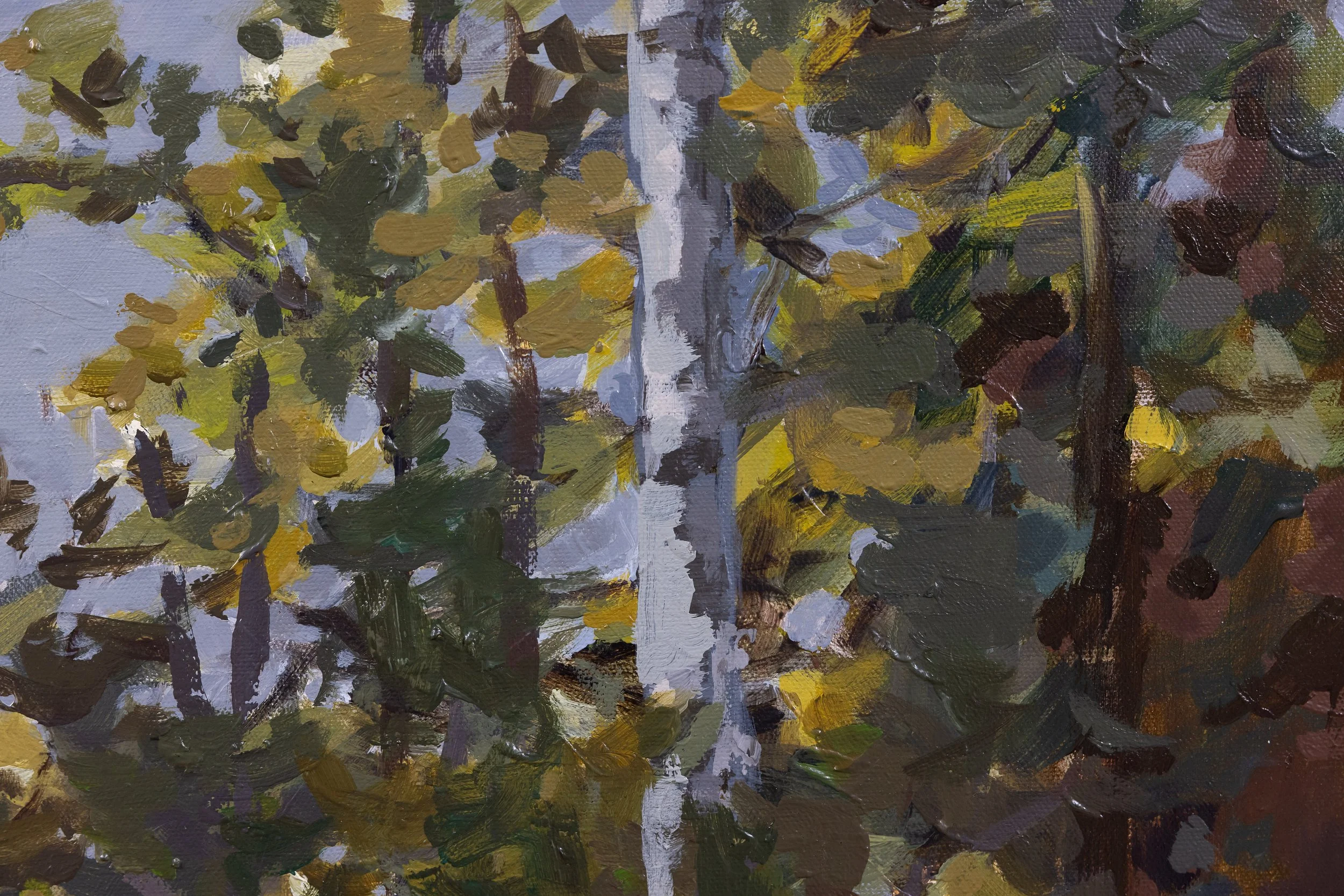 Detail of Light Upon the Water by Cheyenne Trunnell, showing textured foliage in olive green, soft blue, gold, and deep brown.