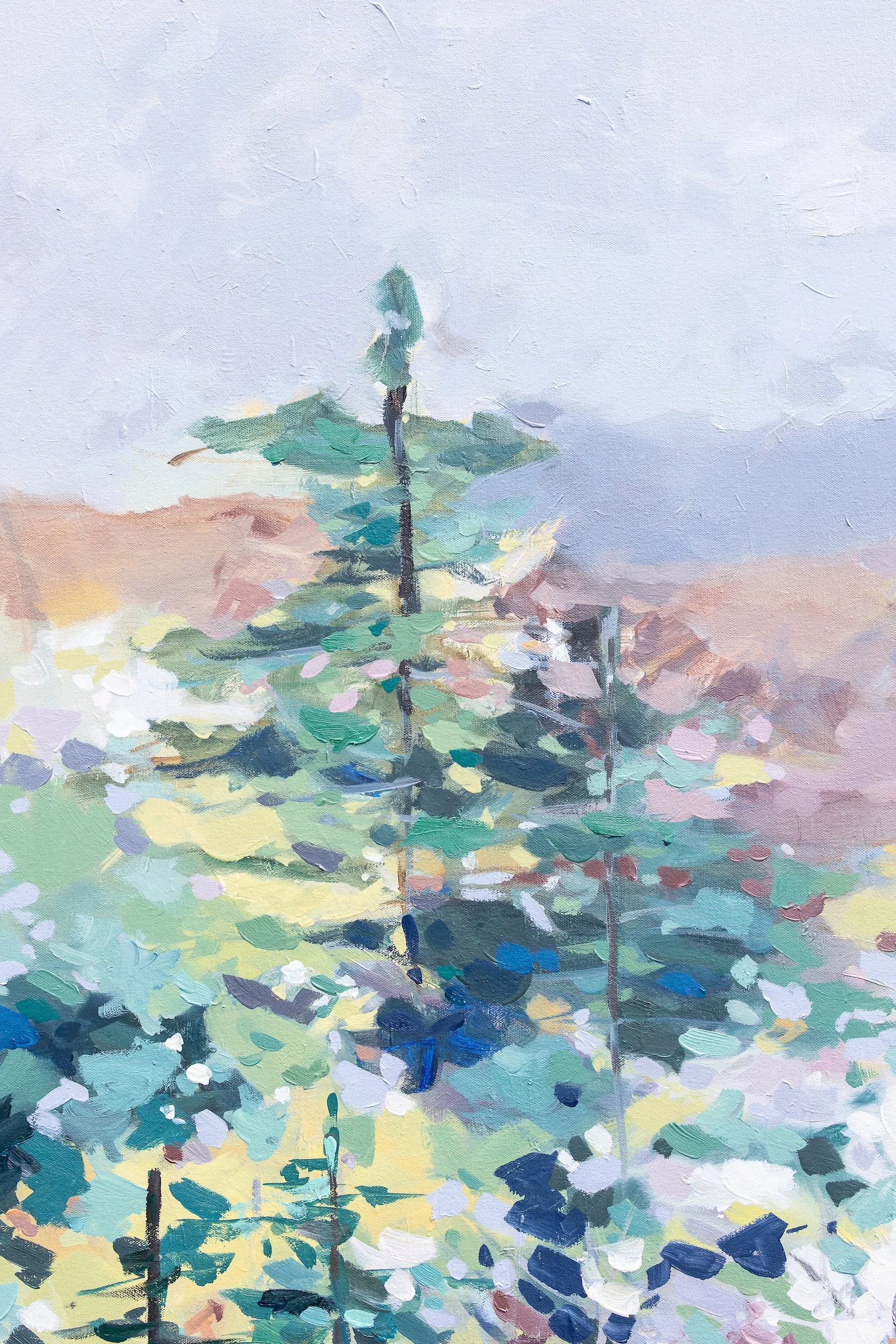 Artist-enhanced giclée print by Asheville artist Cheyenne Trunnell depicting up close details of an evergreen forest bathed in soft, faith-inspired light, unframed, 32x40 inches.