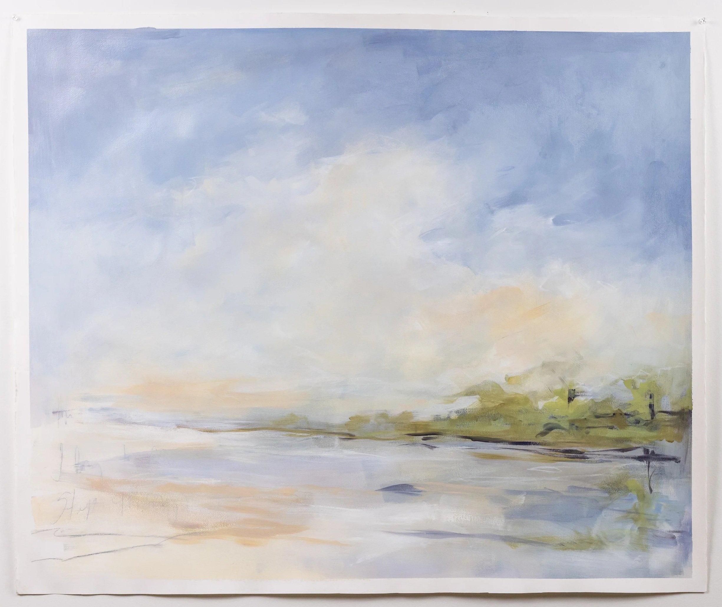 Original mixed media landscape painting by Asheville artist Cheyenne Trunnell depicting a sunrise over the ocean in soft morning light, unframed, 37.5x45 inches.