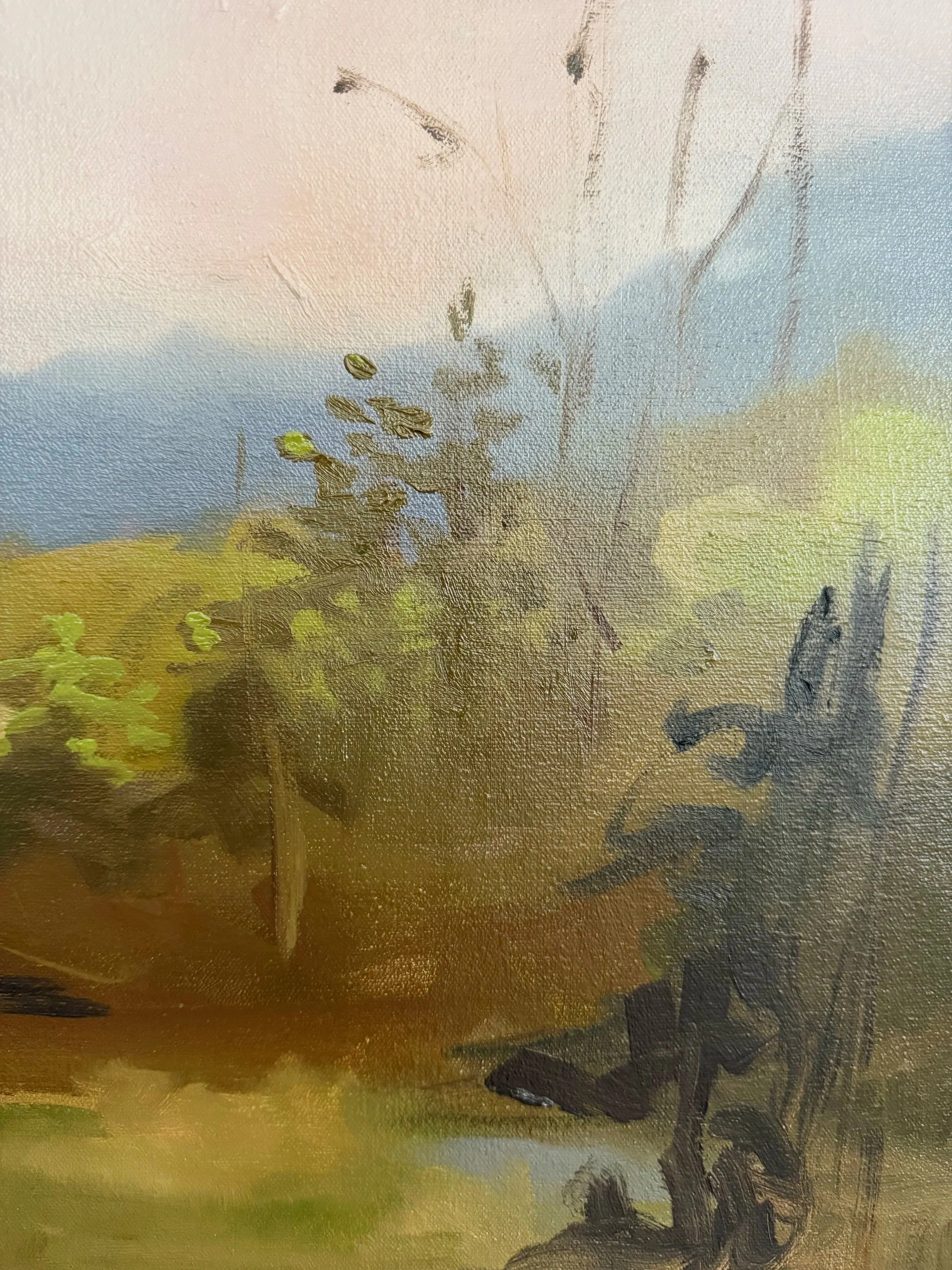 Original oil landscape painting by Asheville artist Cheyenne Trunnell showing warm light spreading across soft hills and sky, symbolizing presence and quiet reflection, framed, 24x24 inches.