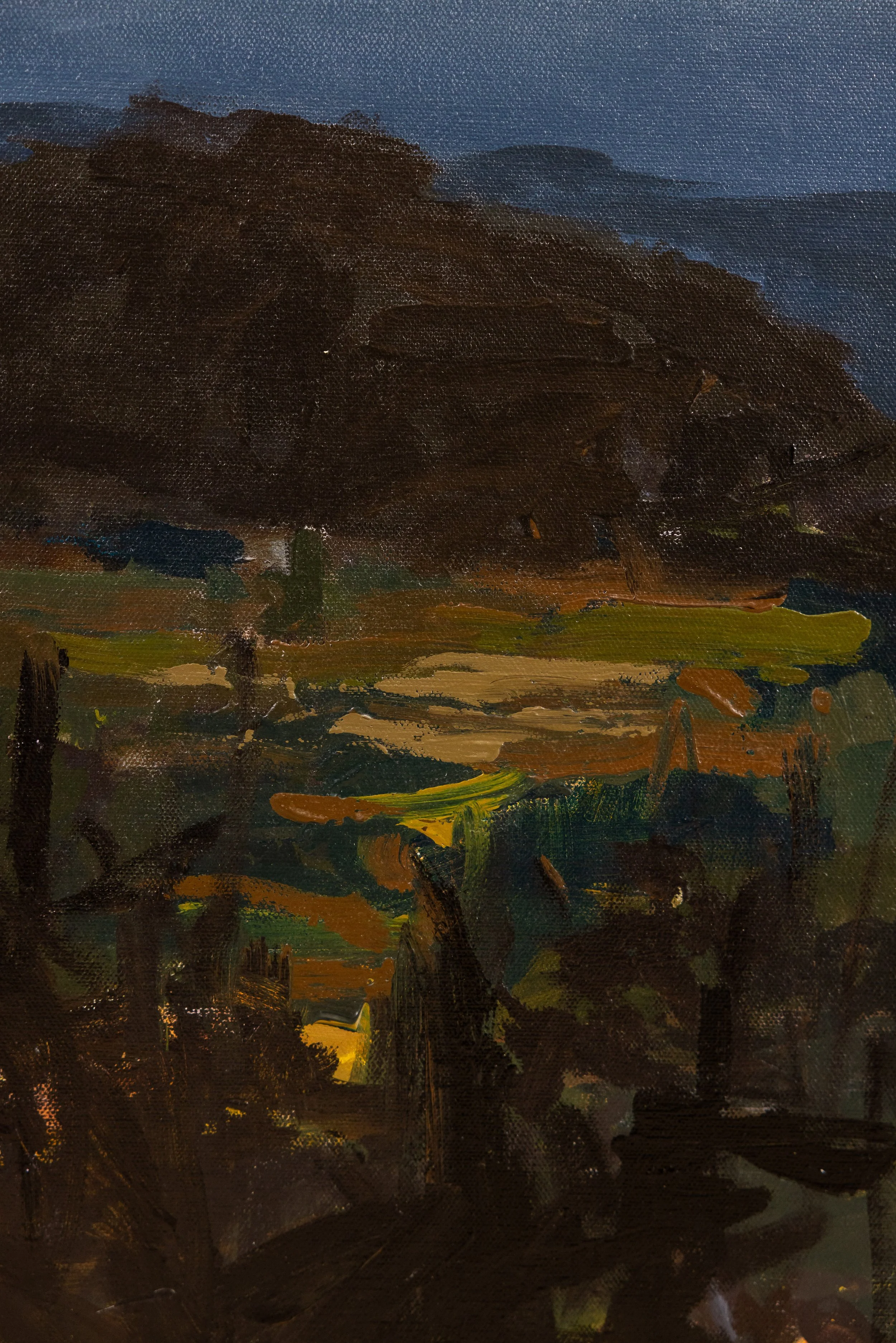 Detail of original acrylic landscape painting by Asheville artist Cheyenne Trunnell emphasizing atmospheric depth through layered hills and quiet morning light in Western North Carolina, framed.