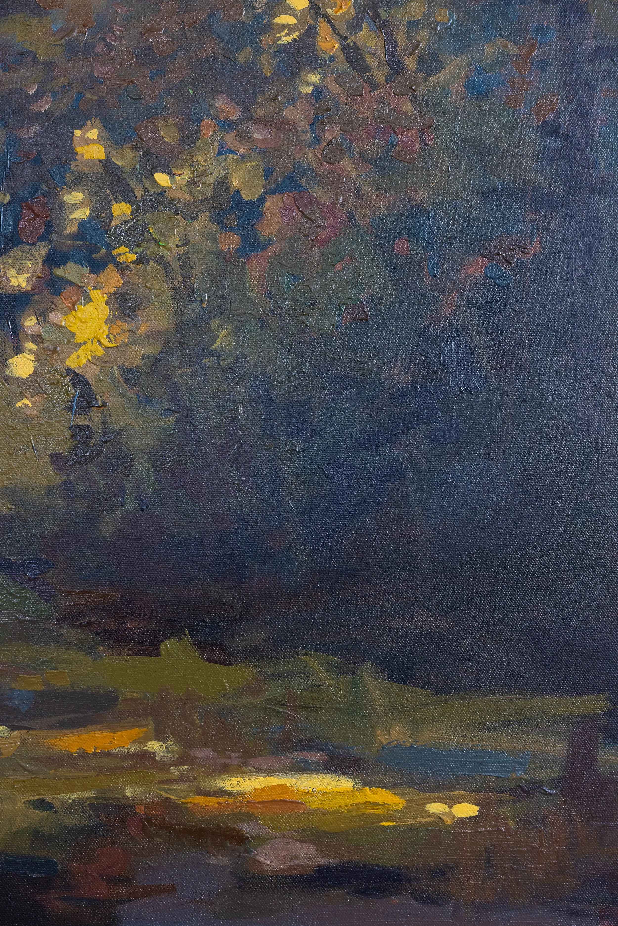 Close-up of the moody forest foreground, autumn foliage, and layered acrylic texture in Where the Light Remains by Cheyenne Trunnell.