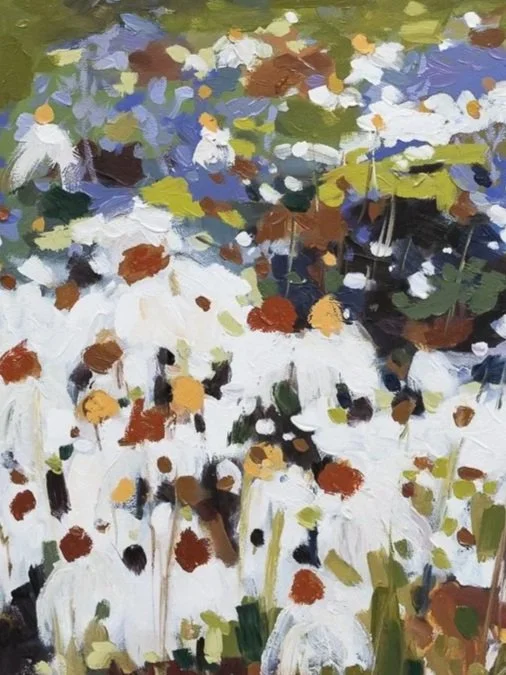 Close-up of The Season of Singing showing white daisy-like wildflowers with warm rust-colored centers, expressive brushstrokes, and touches of blue and green.