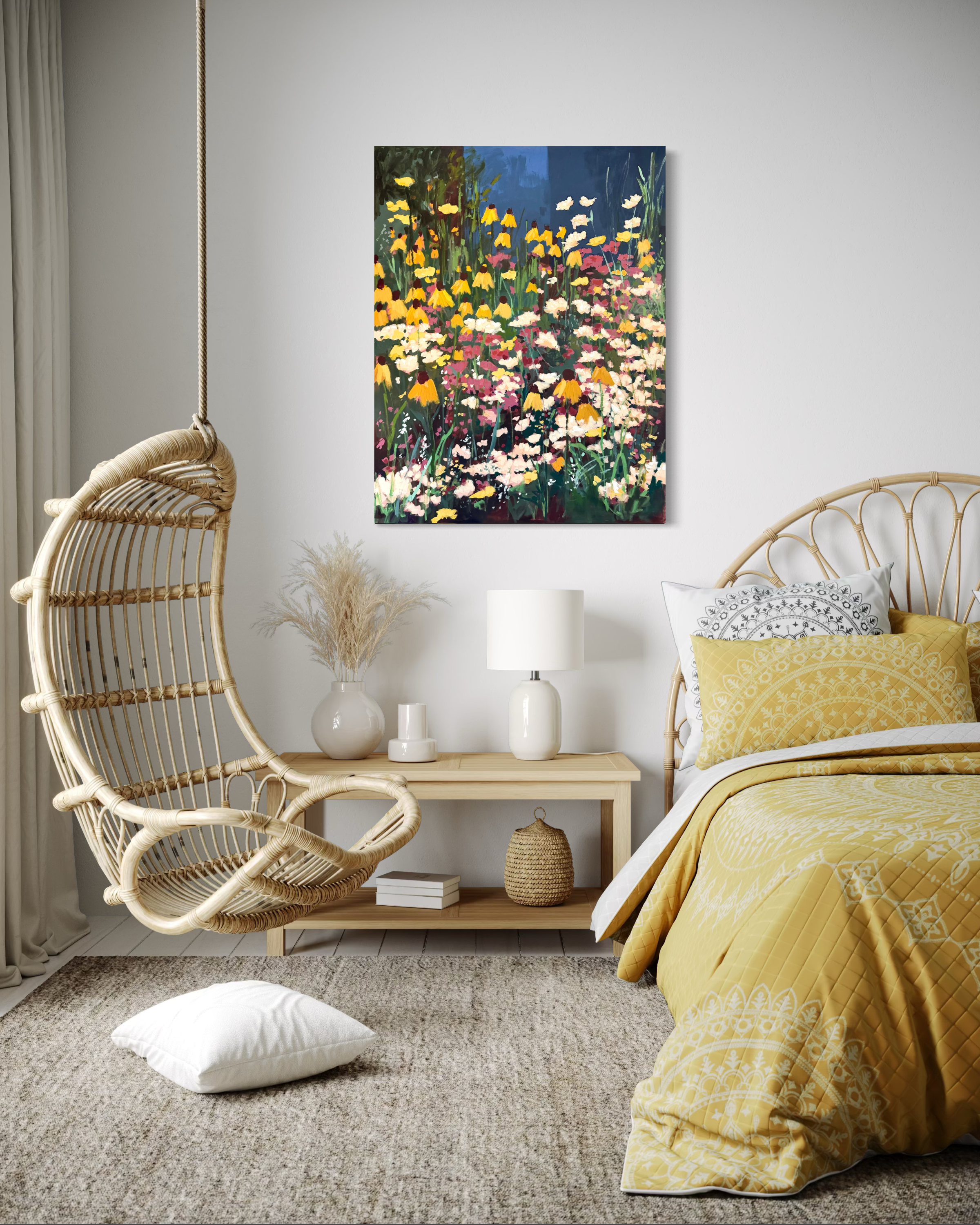 Original wildflower painting displayed in a light-filled bedroom with yellow bedding.
