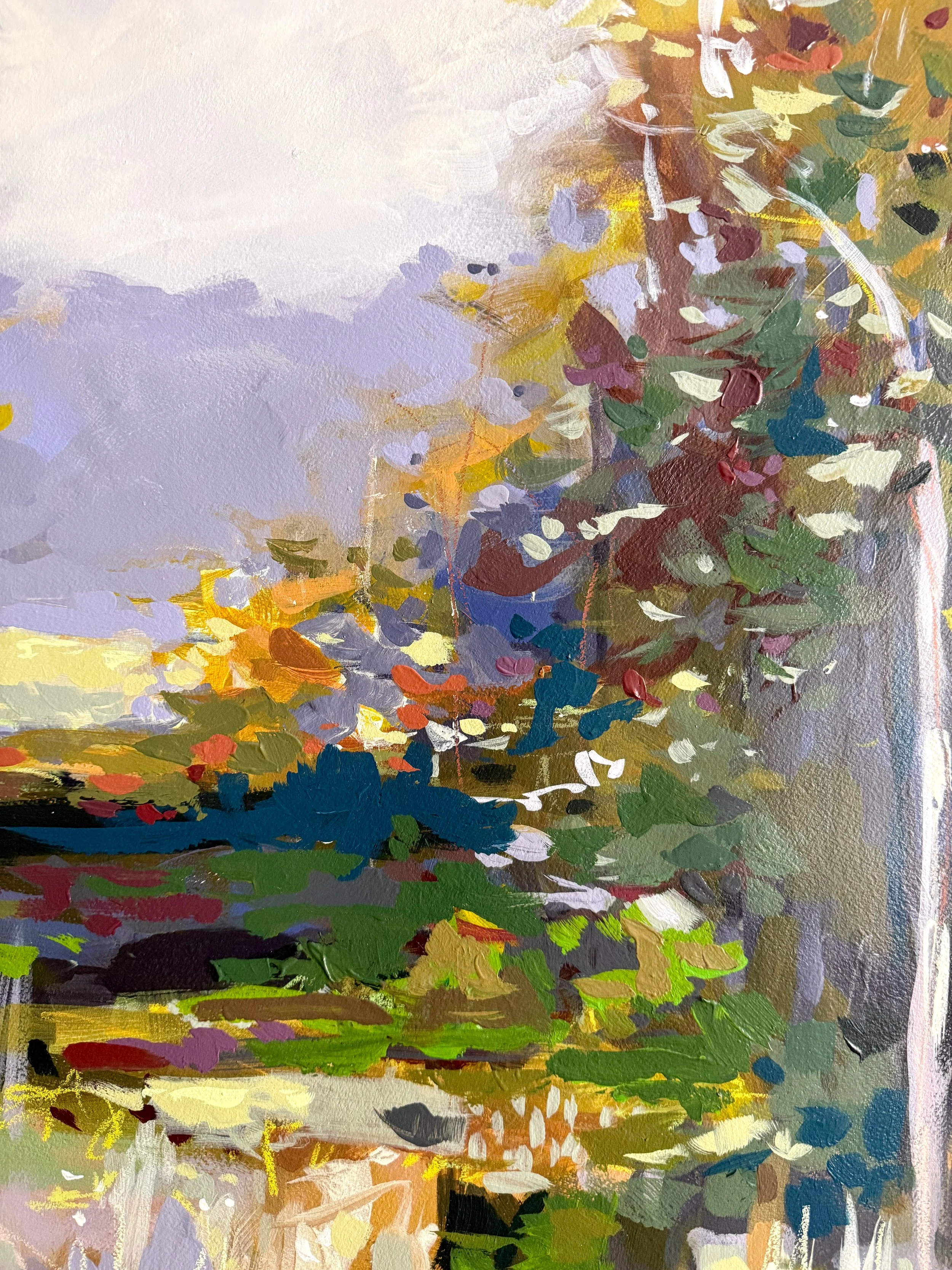 Original mixed media landscape painting by Asheville artist Cheyenne Trunnell depicting up close details of an early fall meadow in soft, golden light, unframed, 31x45 inches.