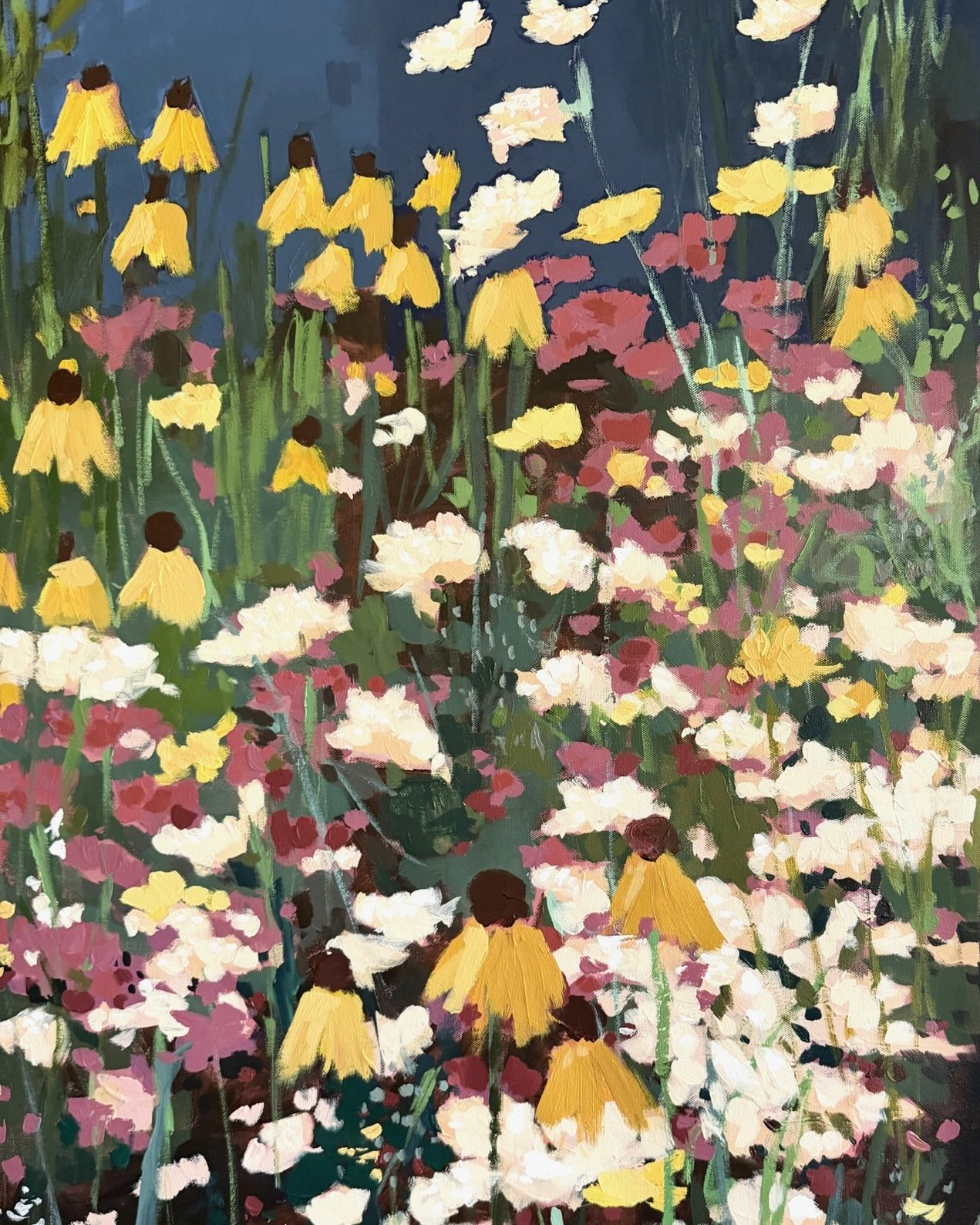 Detail of yellow coneflowers and soft pink wildflowers in an original floral painting.