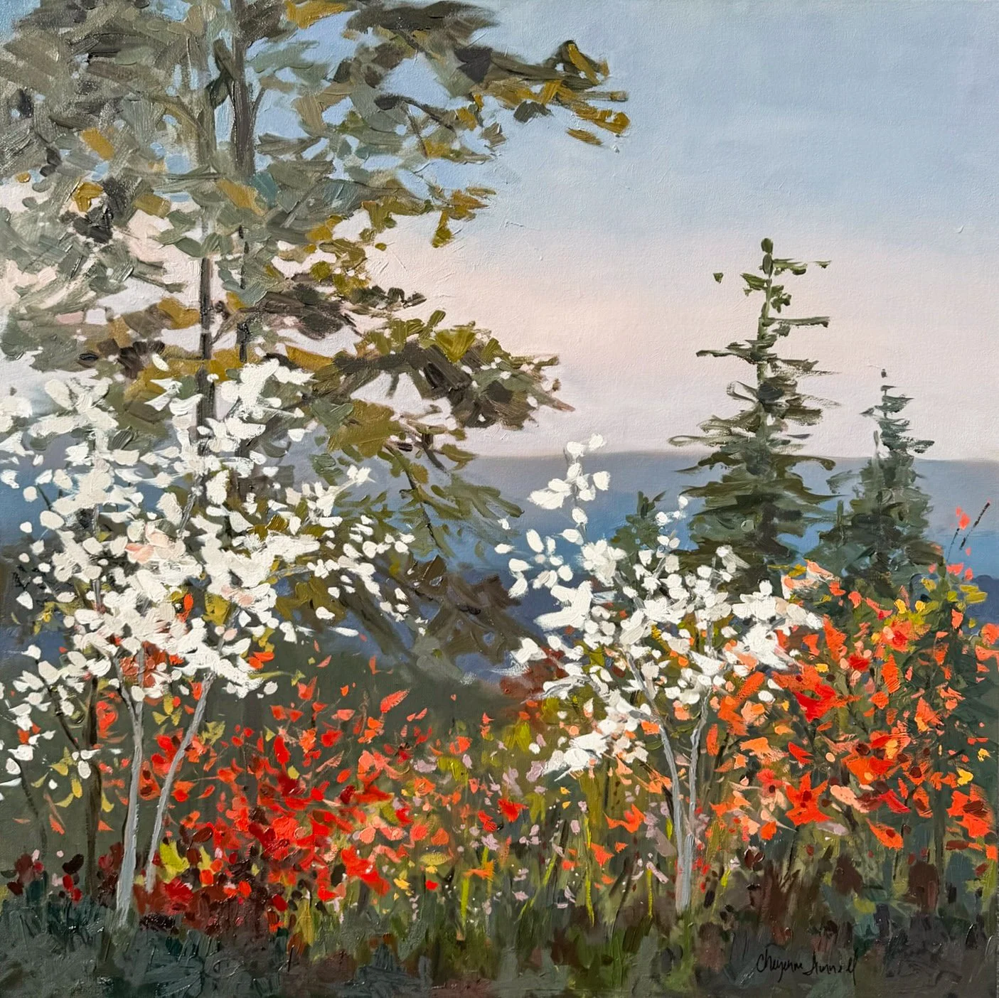 Oil landscape painting by Cheyenne Trunnell featuring soft morning light over mountain hills, blooming white blossoms, and vibrant spring wildflowers symbolizing hope and renewal.