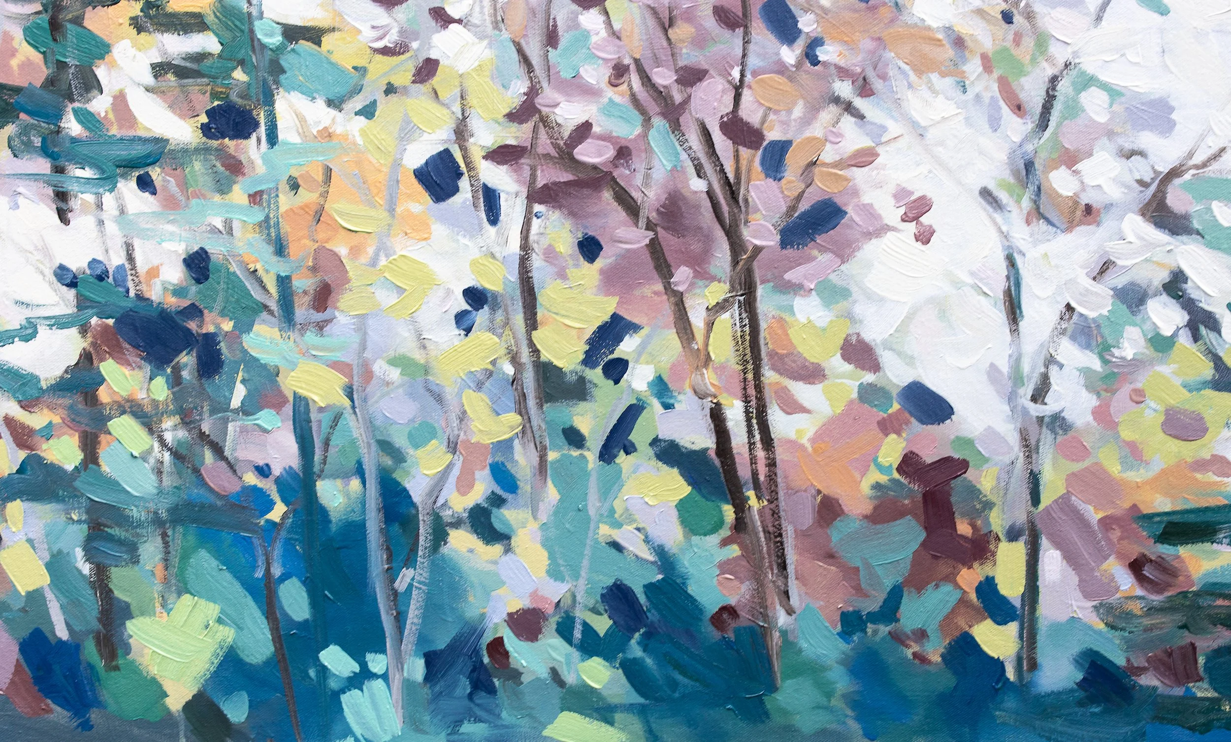 Artist-enhanced giclée print by Asheville artist Cheyenne Trunnell depicting up close details of an evergreen forest bathed in soft, faith-inspired light, unframed, 32x40 inches.