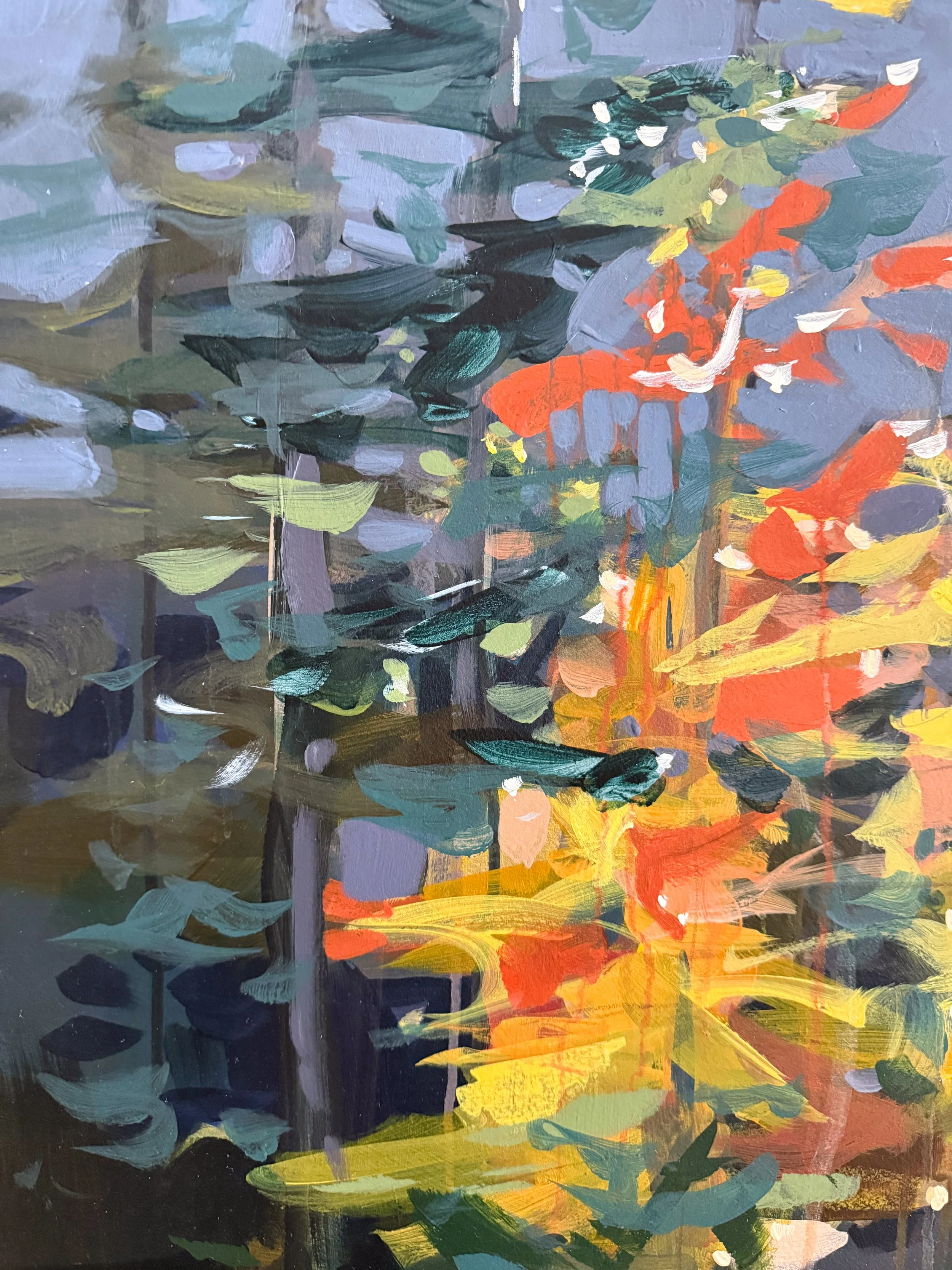 Original oil landscape painting by Asheville artist Cheyenne Trunnell showing up close details of fall trees glowing in the soft mountain morning light, unframed, 37x45 inches.