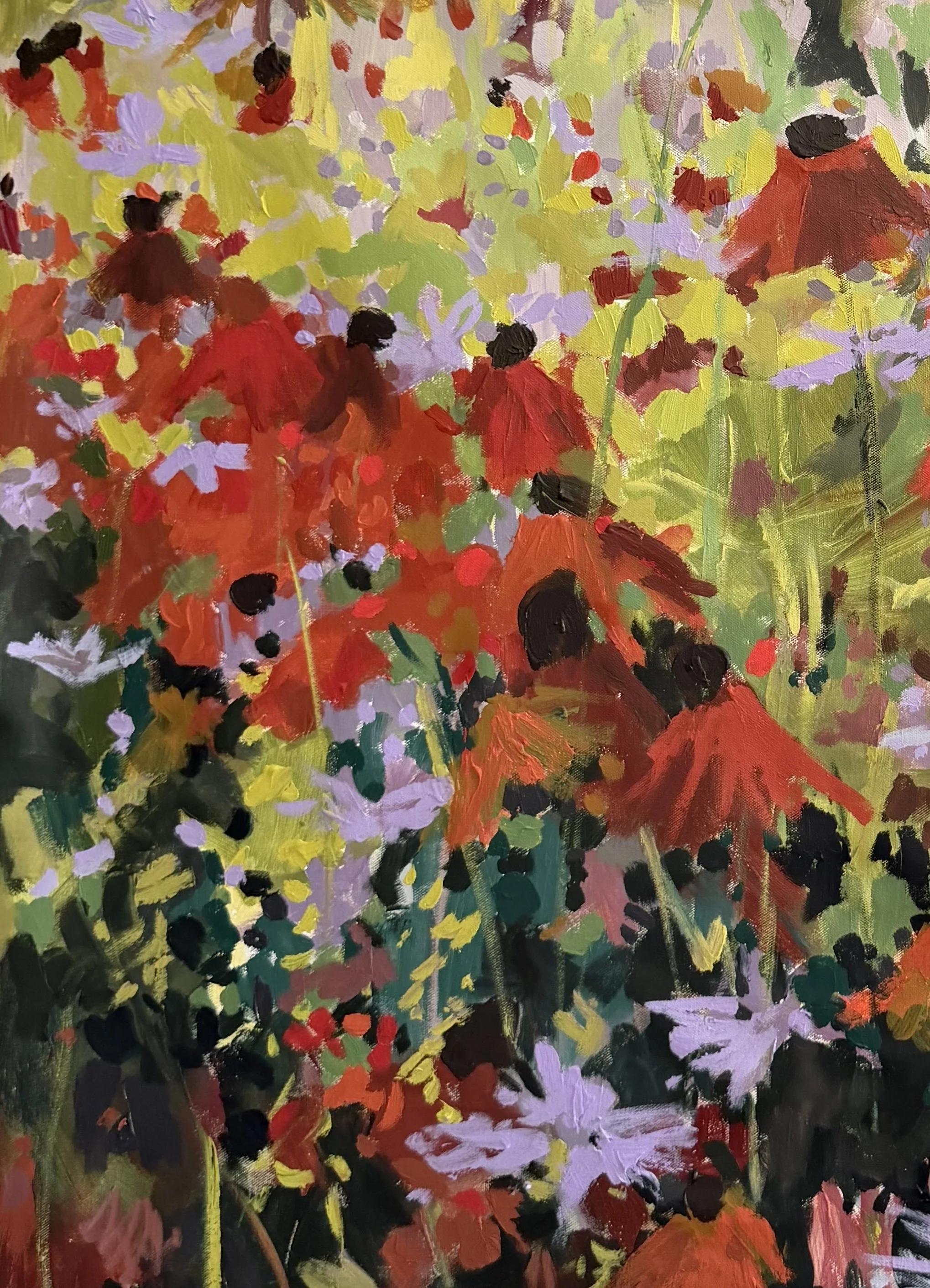 Close-up of red-orange wildflowers and lavender blooms in an original mixed media garden painting by Asheville artist Cheyenne Trunnell.