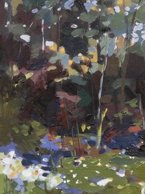 Close-up of The Season of Singing highlighting dark woodland trees, layered green foliage, warm rust tones, and scattered golden leaves.