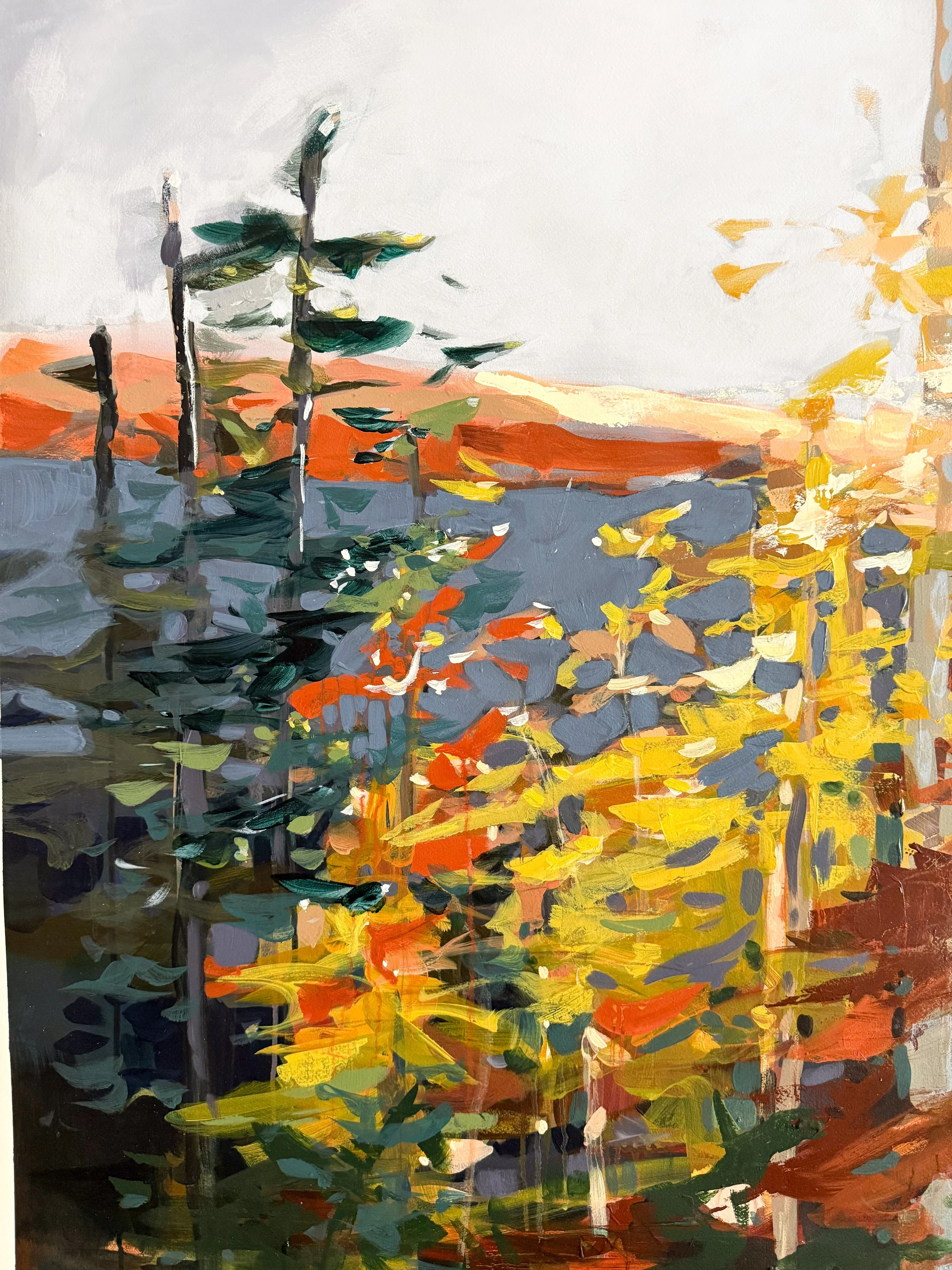 Original oil landscape painting by Asheville artist Cheyenne Trunnell showing up close details of fall trees glowing in the soft mountain morning light, unframed, 37x45 inches.