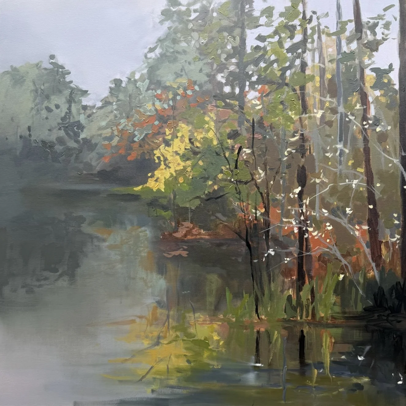 Our Hearts Are Restless Until They Rest in Thee by Cheyenne Trunnell, a 36×36 acrylic landscape painting of a quiet wooded pond with layered green, gold, rust, and blue-gray foliage.