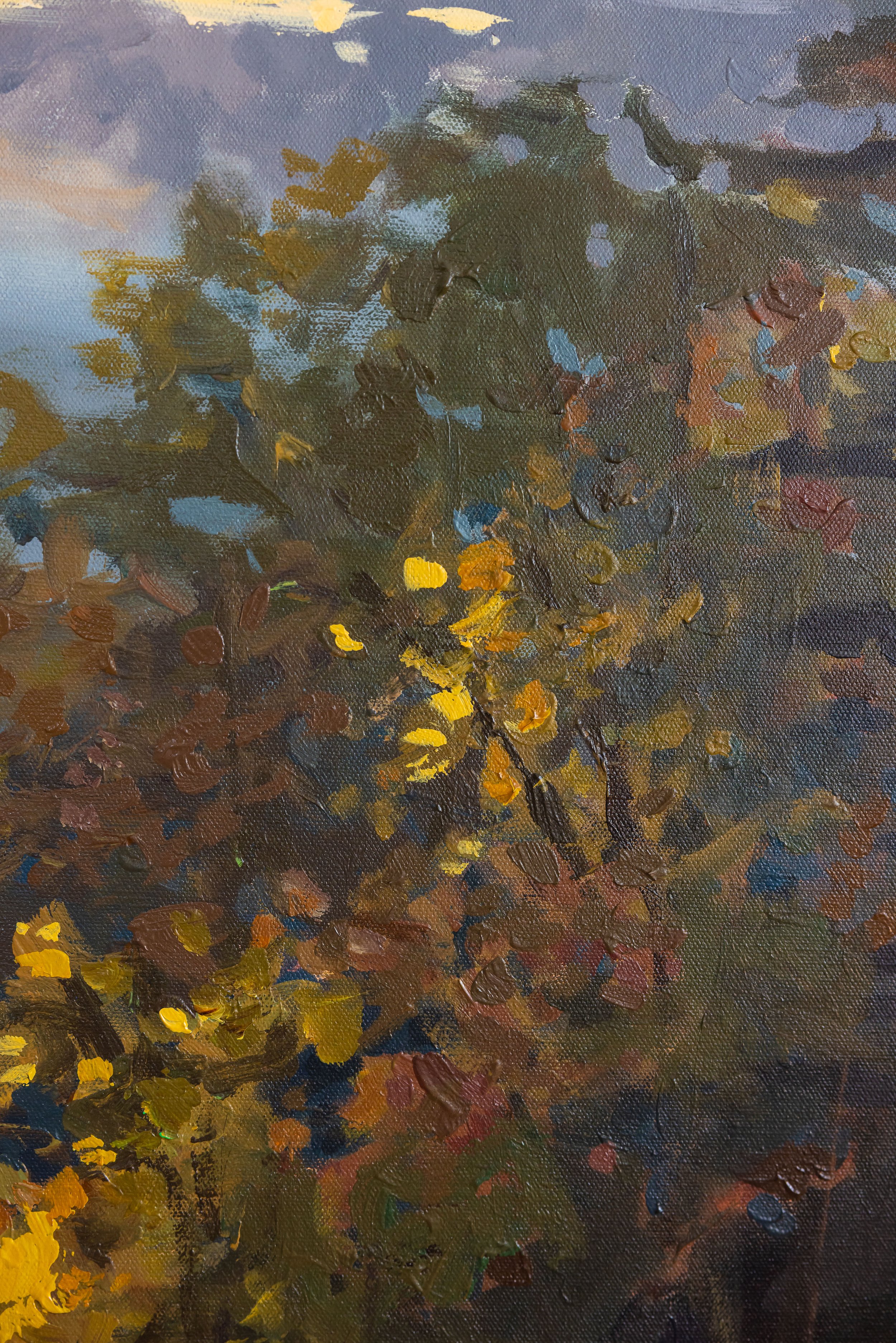 Close-up of expressive brushwork and autumn trees in Where the Light Remains, an original Blue Ridge Mountains landscape painting.