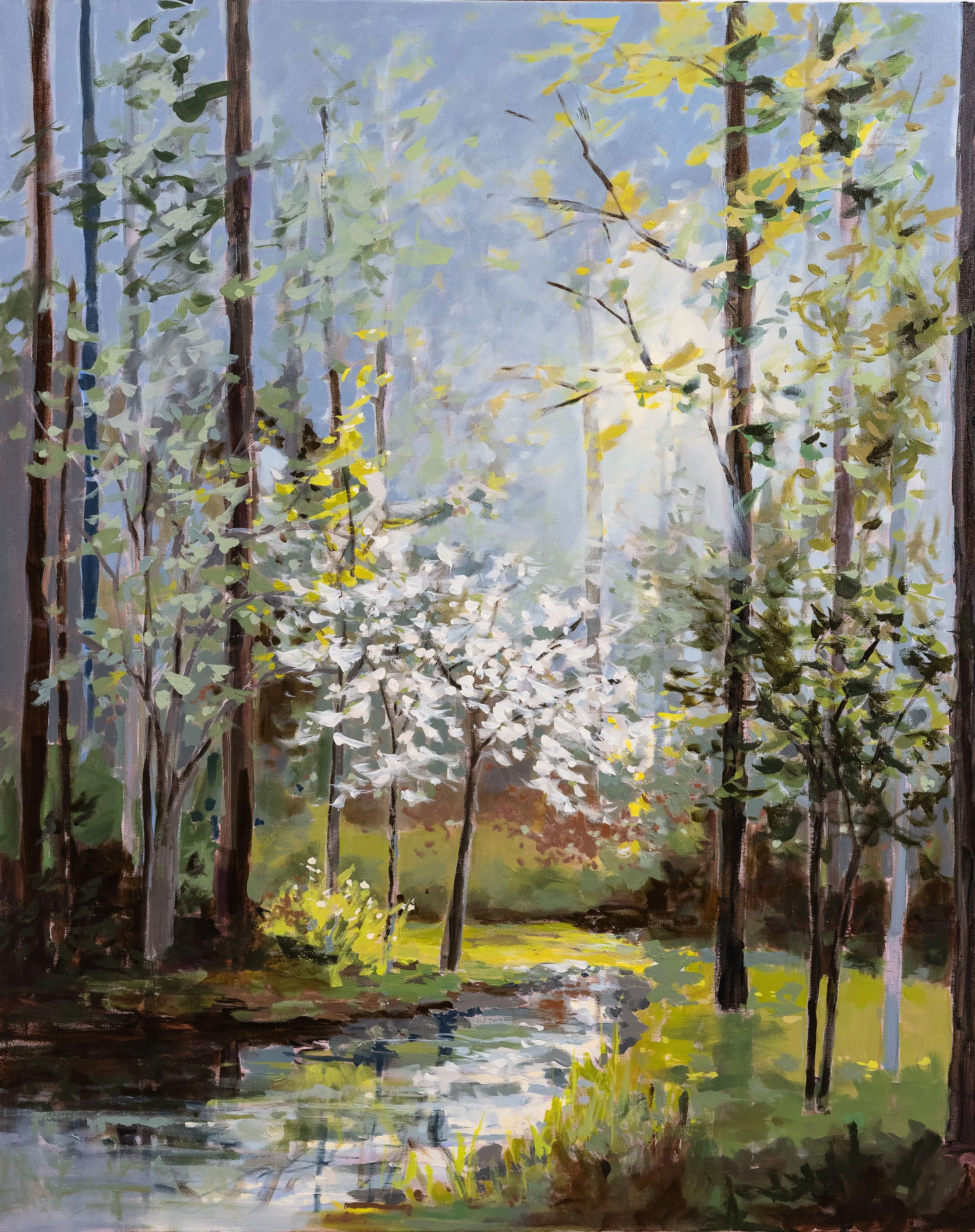 Original oil landscape painting by Asheville artist Cheyenne Trunnell depicting a spring woodland with tall trees, flowering understory, and a reflective stream, unframed.