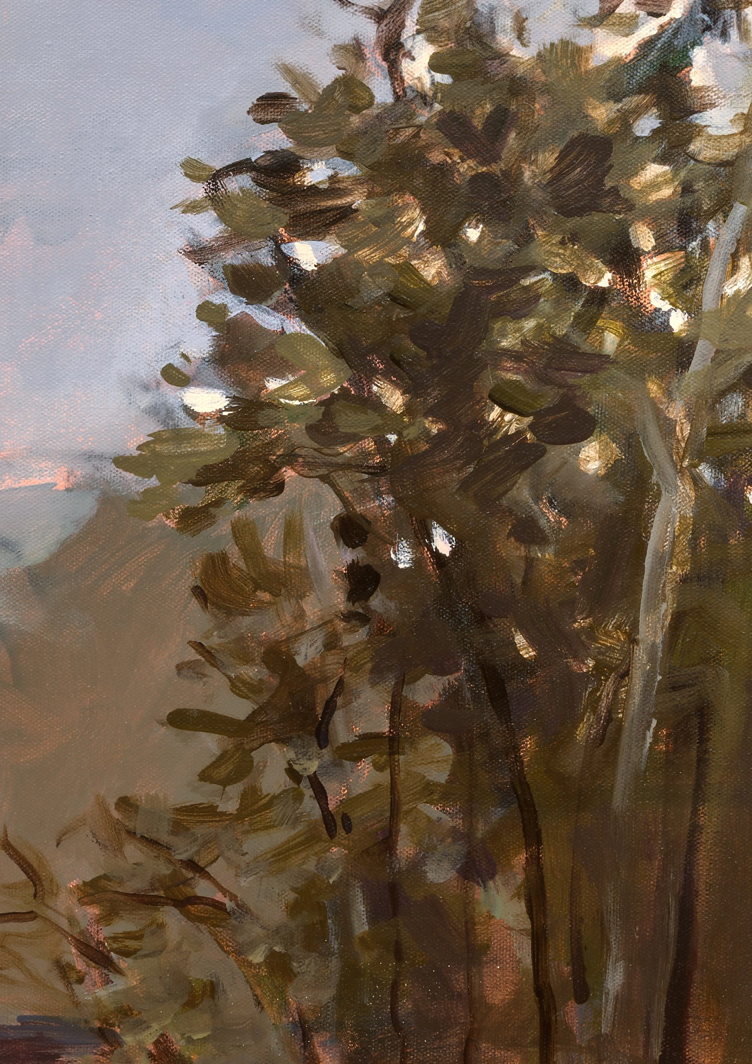 Close-up of Where Still Waters Lead highlighting sunlit tree branches, textured foliage, and warm golden-brown colors.