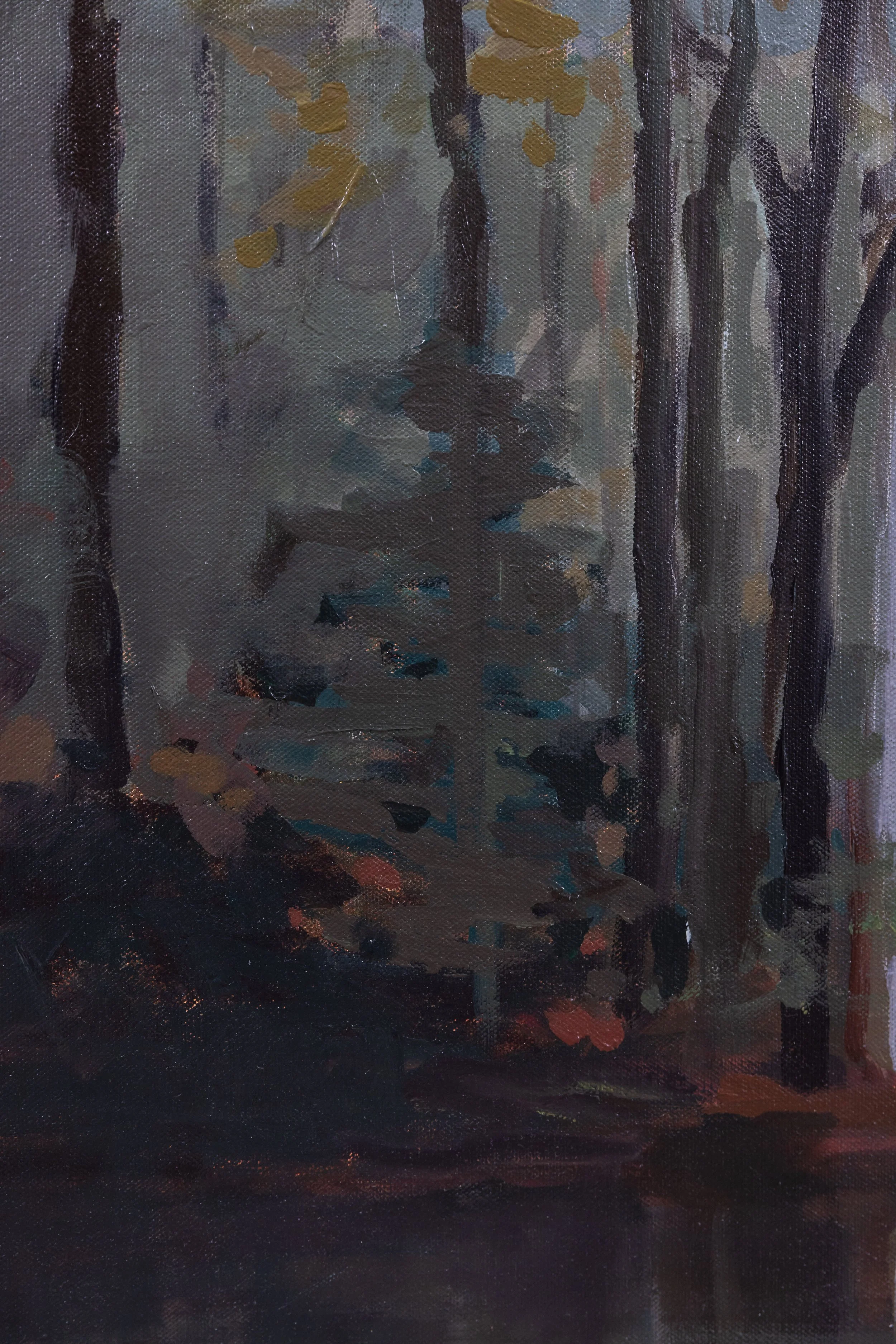 Detail of The First Glimpse of Light by Cheyenne Trunnell, featuring layered dark tree trunks, muted green foliage, and warm rust-toned brushwork.