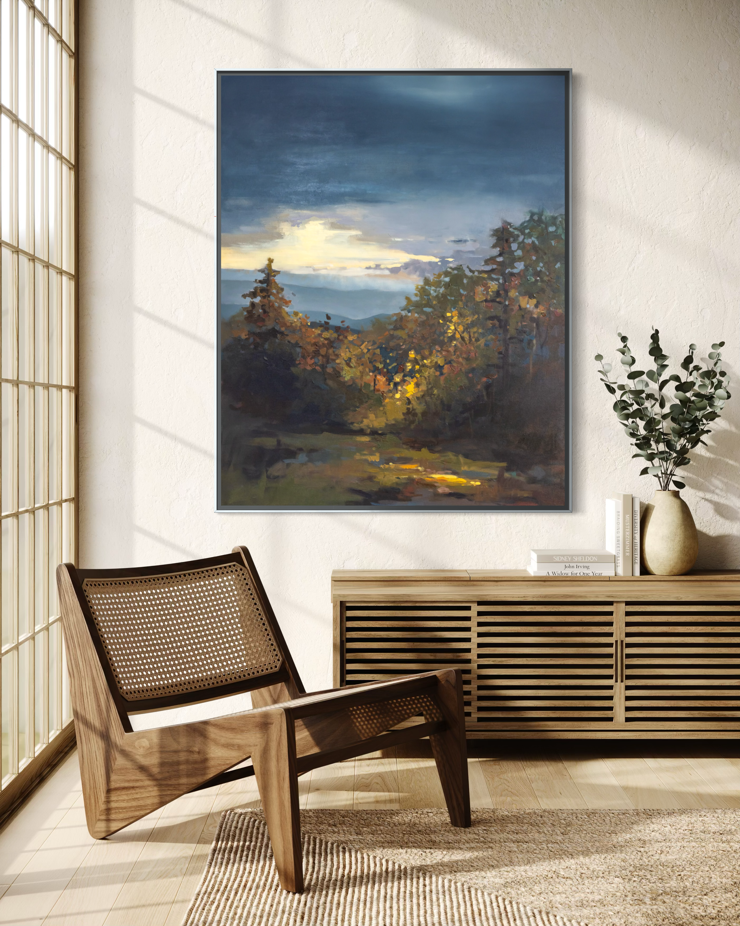 Where the Light Remains by Cheyenne Trunnell displayed in a warm, light-filled interior. Original 40x50 acrylic Blue Ridge mountain landscape painting inspired by Sam’s Gap.