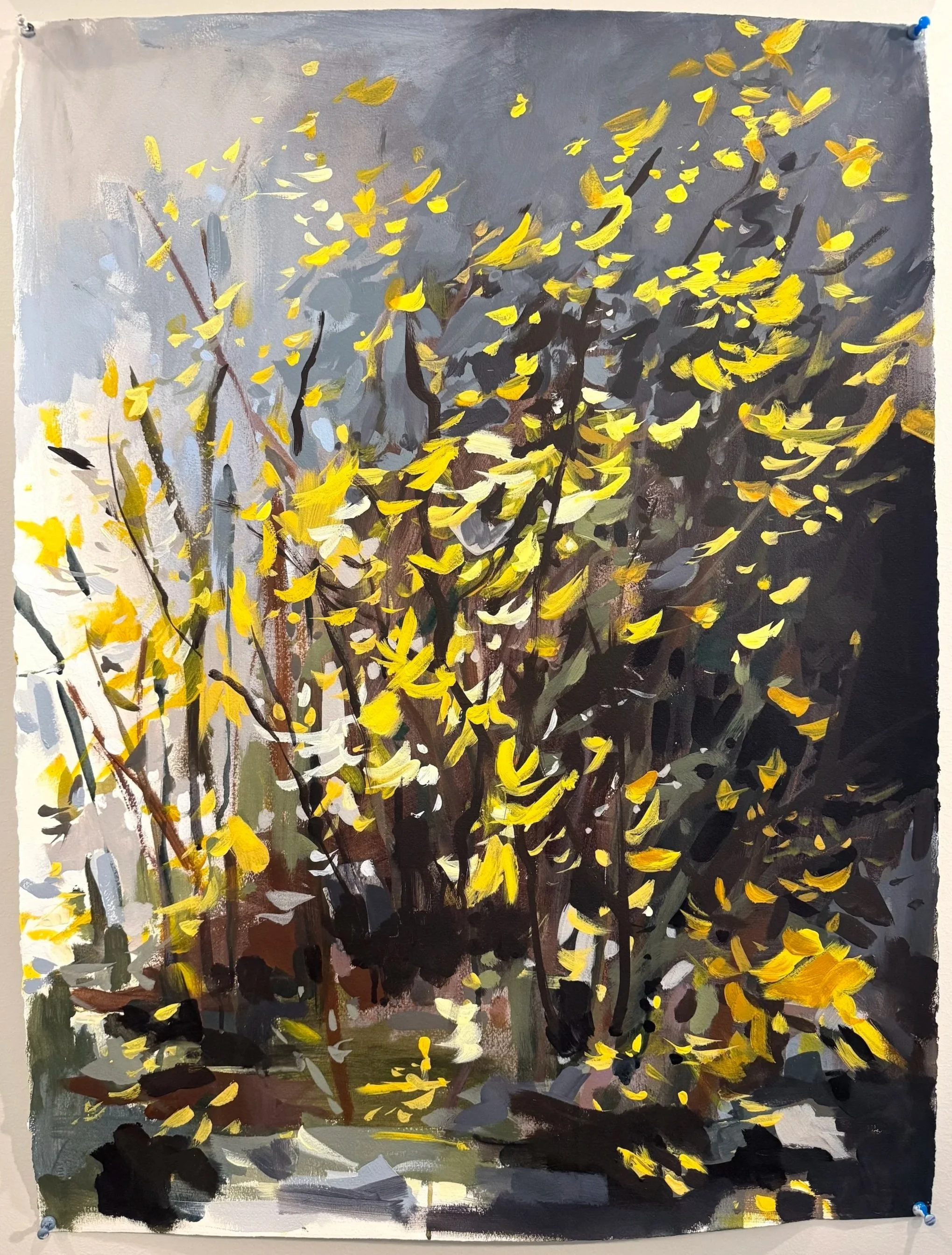 Original mixed media floral painting by Asheville artist Cheyenne Trunnell featuring bright yellow spring flowers in bloom, unframed, 22x30 inches.