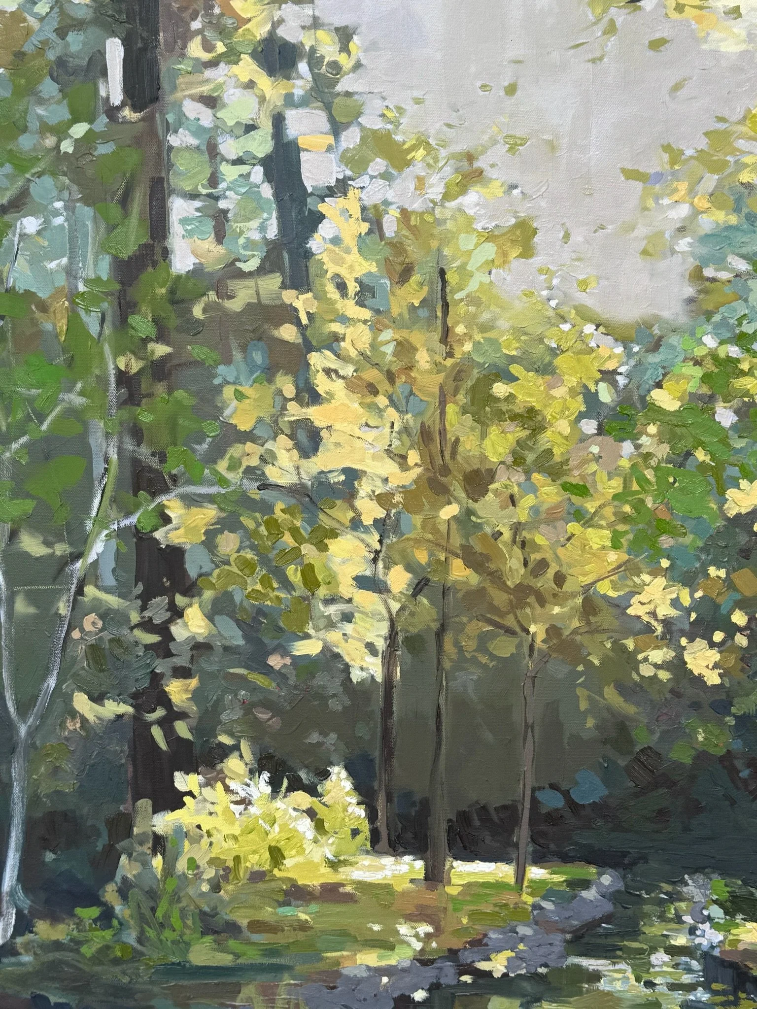 Original oil landscape painting by Asheville artist Cheyenne Trunnell depicting up close details of layered summer greens inspired by post-Helene renewal, framed, 40x50 inches.